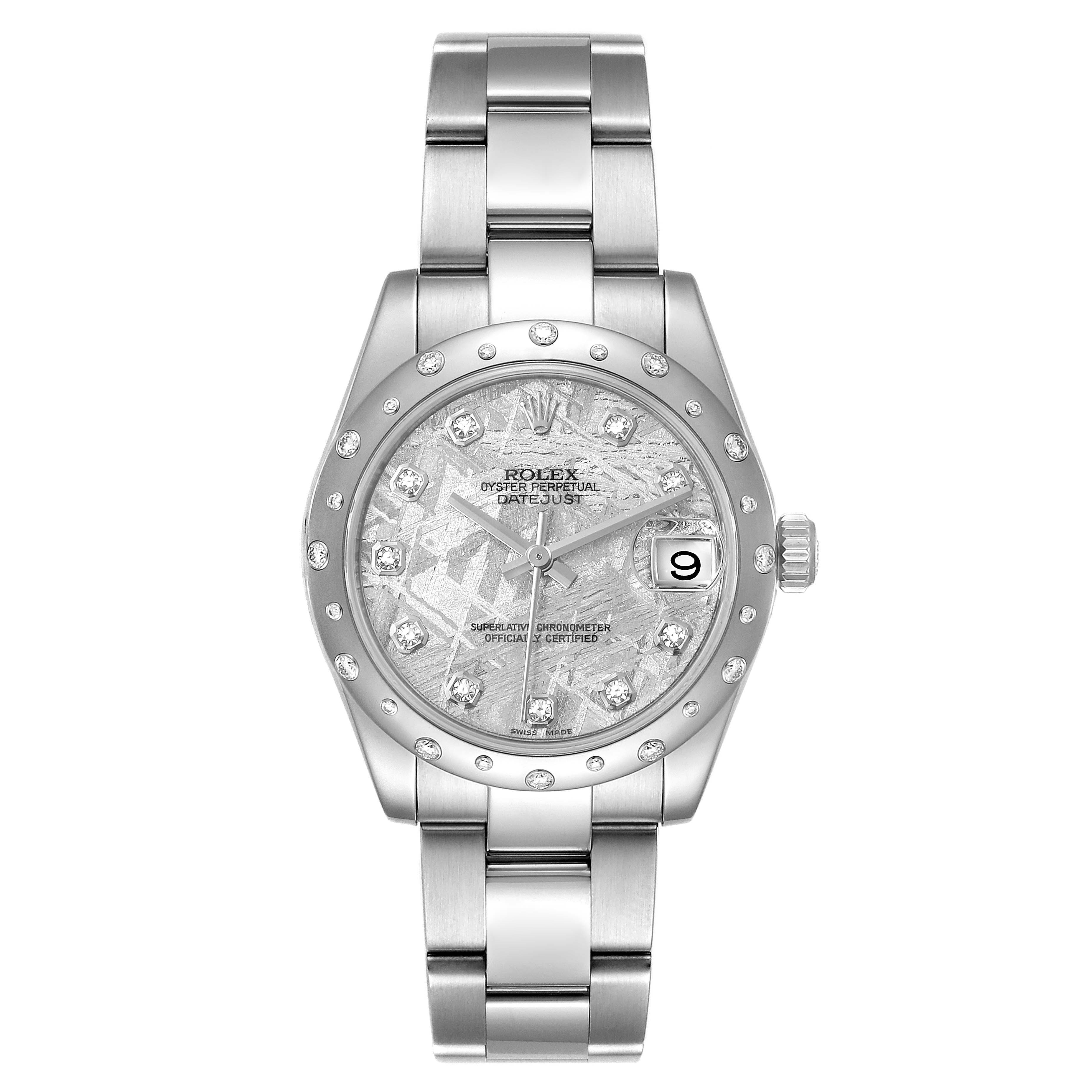 The image shows a front view of a mid-size Rolex Datejust watch, highlighting its dial, bezel, hands, and bracelet.