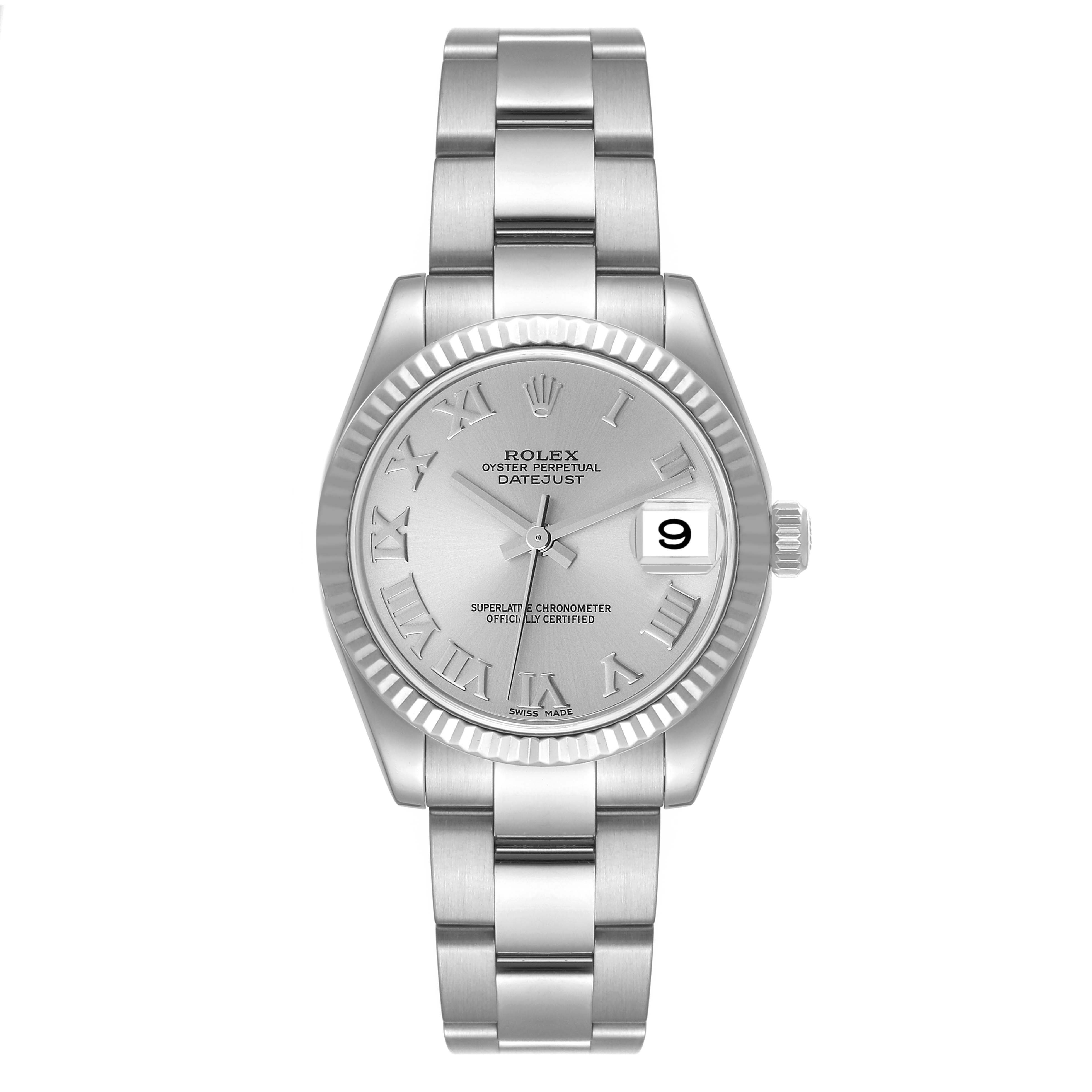 This is a frontal view of a Rolex Mid-Size 178274 Women
s Stainless Steel Silver Dial 178274 Women
s Stainless Steel Silver Dial Datejust watch, showing the dial, hands, bezel, and bracelet.