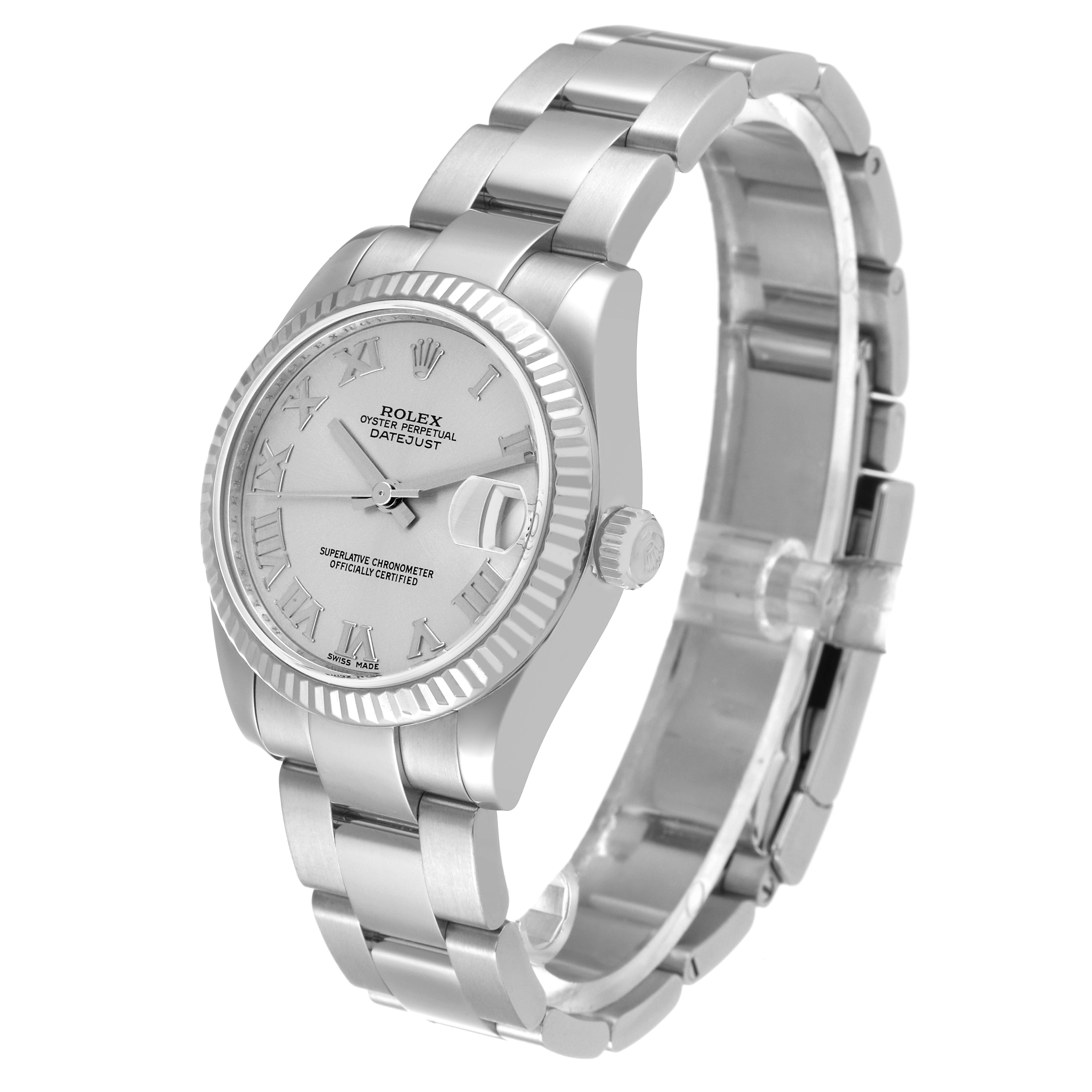 This Rolex Mid-Size 178274 Women
s Stainless Steel Silver Dial 178274 Women
s Stainless Steel Silver Dial Datejust watch is shown at a three-quarter angle, highlighting the face, bracelet, and crown.