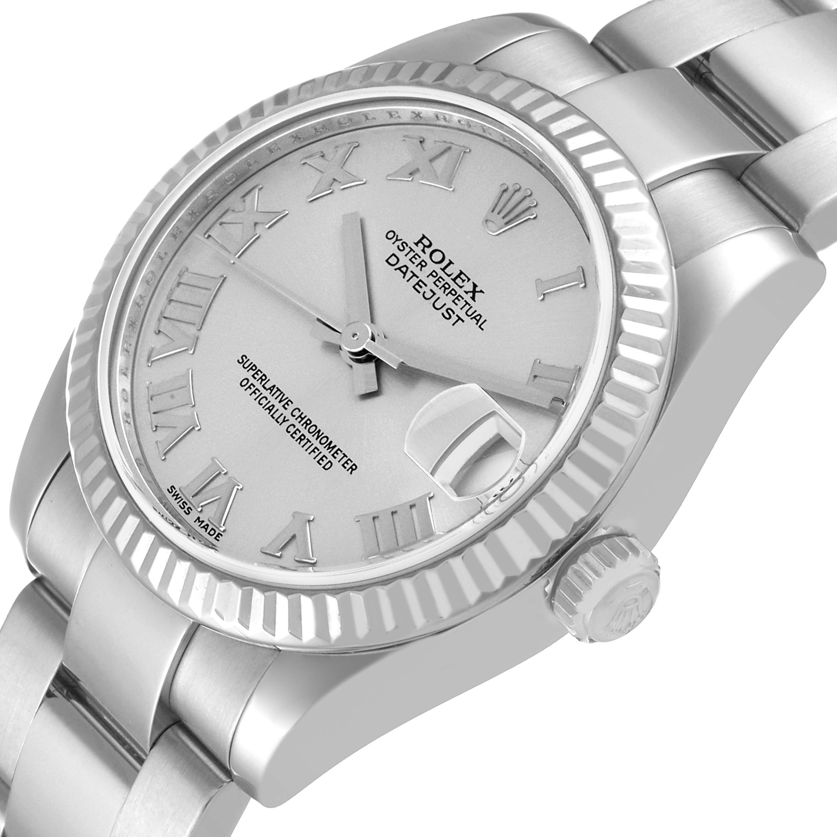 This image shows a Rolex Mid-Size 178274 Women
s Stainless Steel Silver Dial 178274 Women
s Stainless Steel Silver Dial Datejust watch at a slight angle, displaying the dial, bezel, crown, and part of the bracelet.
