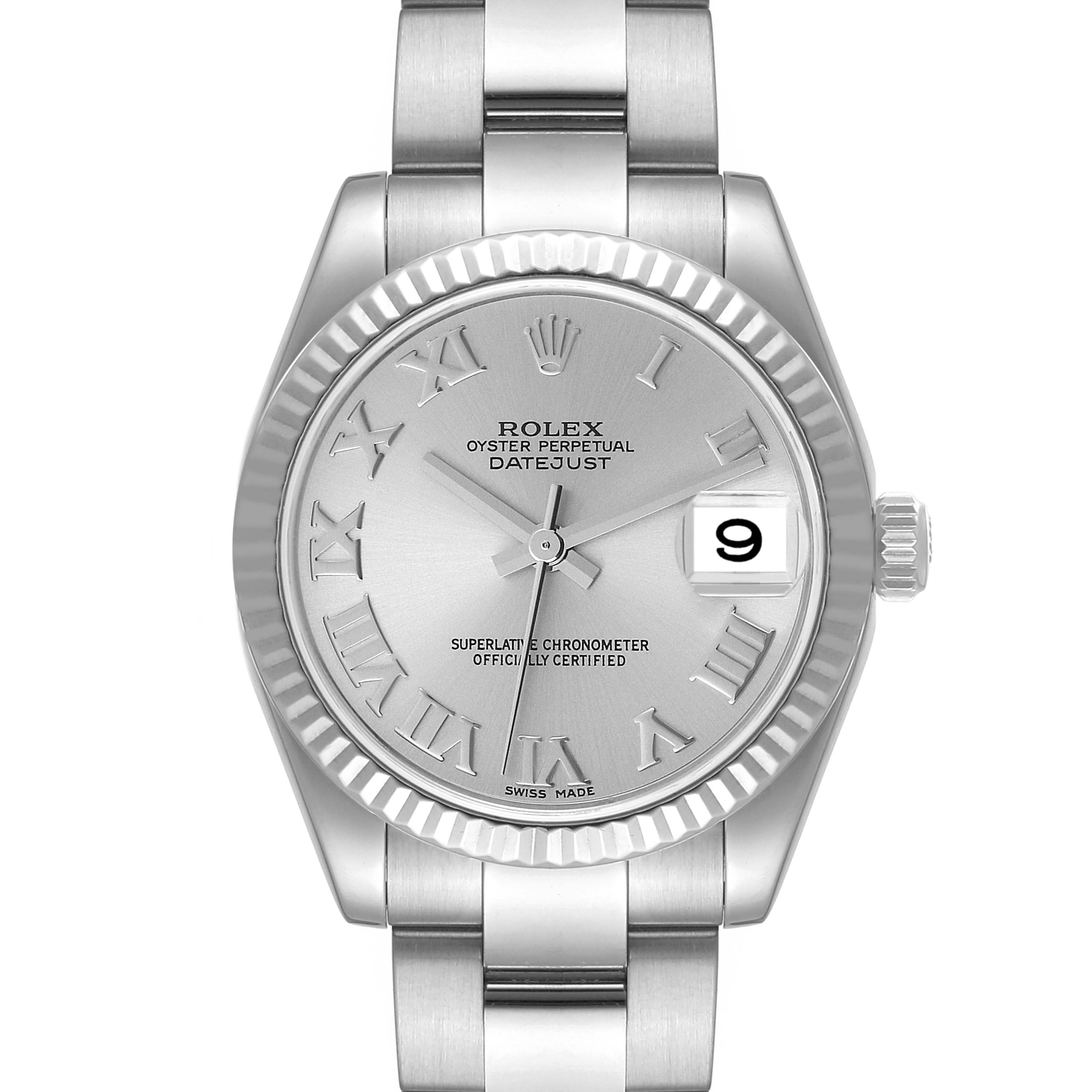 The image shows a frontal view of a Mid-Size Rolex Datejust watch with a silver dial and Roman numeral hour markers.