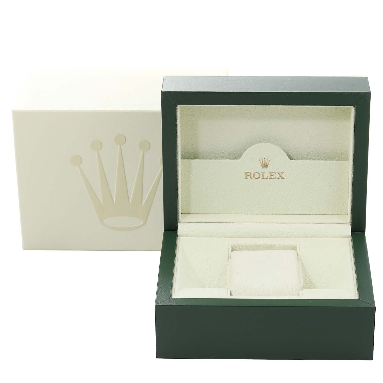 This image shows an empty Rolex watch box for a Mid-Size model, with the lid open, revealing the interior and cushion.