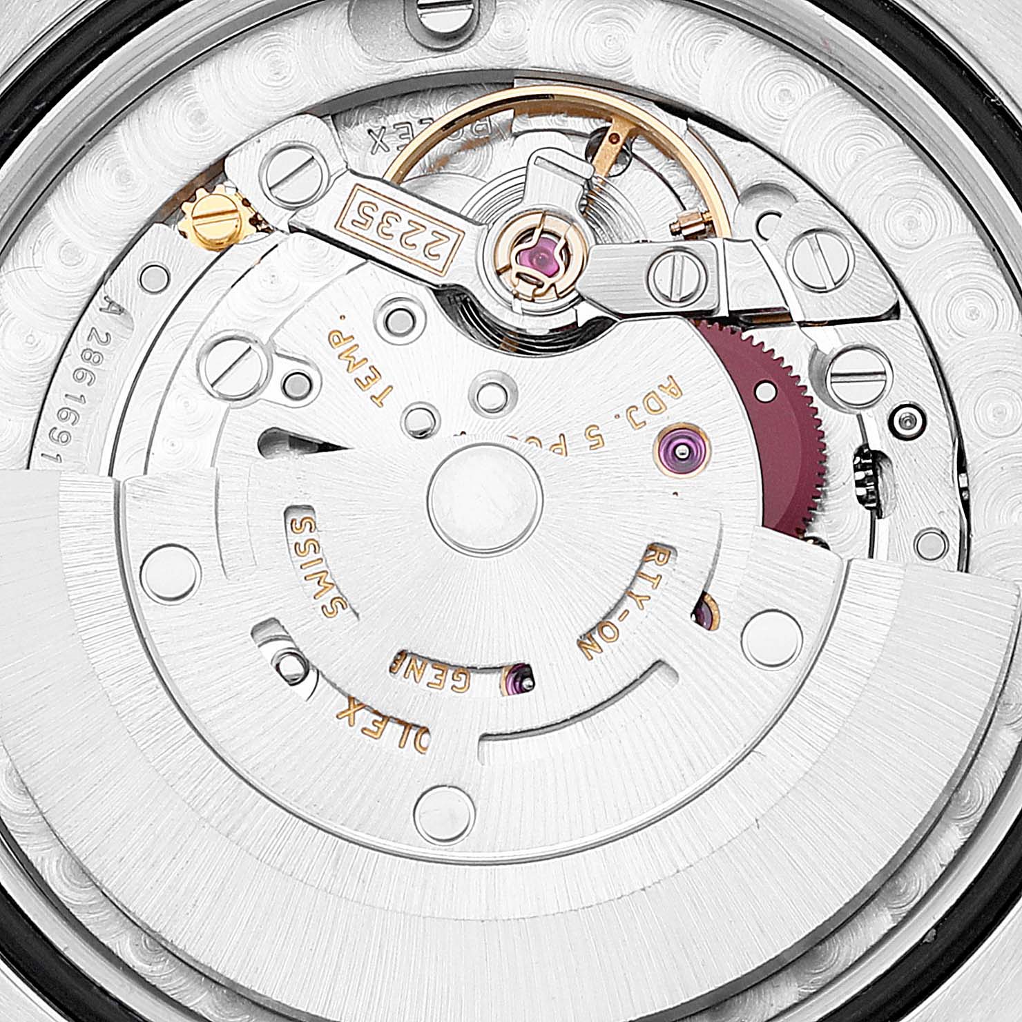 The image shows the movement components of a Rolex Mid-Size 178274 Women
s Stainless Steel Silver Dial 178274 Women
s Stainless Steel Silver Dial model watch from a close-up, top-down angle.