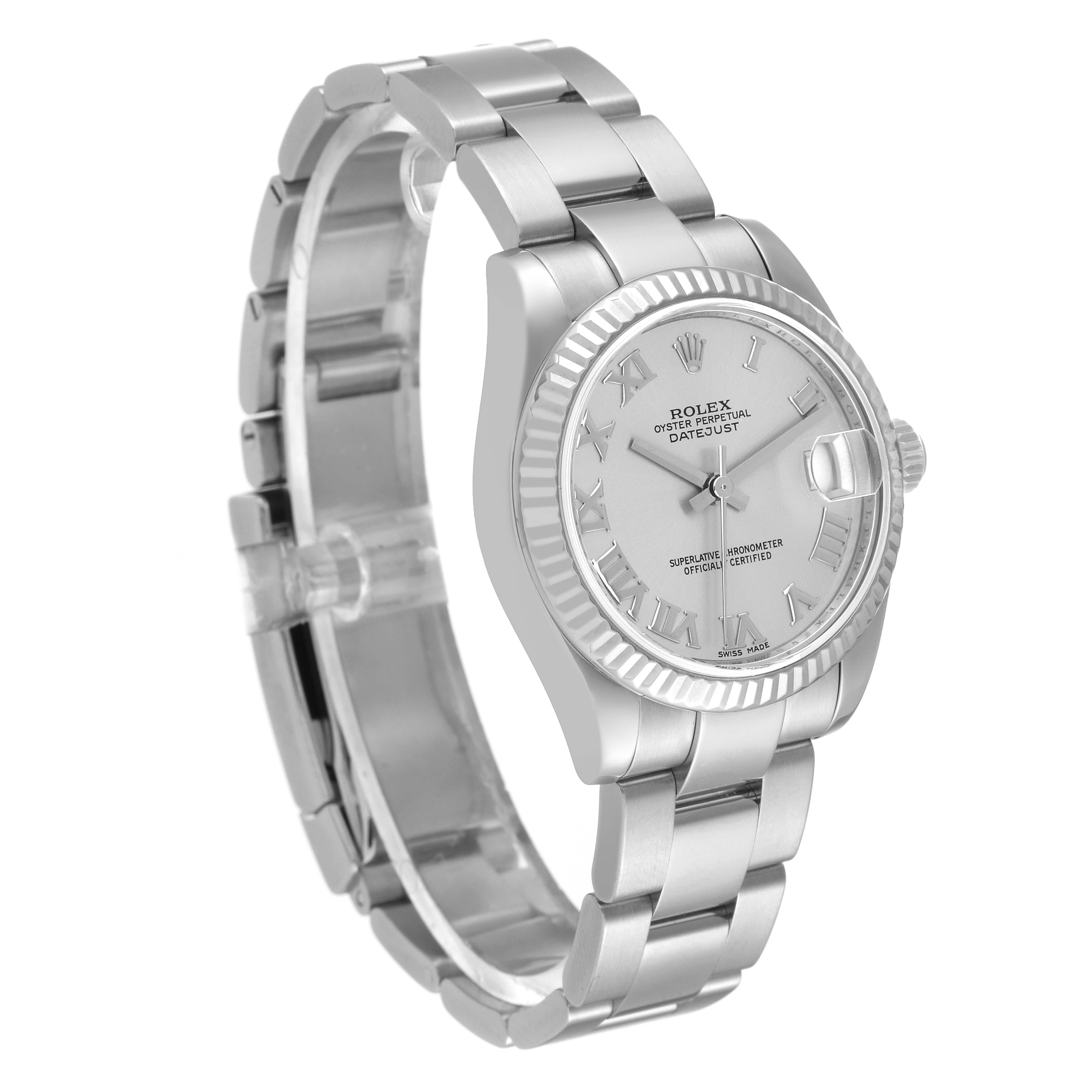 The image shows a Rolex Mid-Size 178274 Women
s Stainless Steel Silver Dial 178274 Women
s Stainless Steel Silver Dial Datejust watch from an angled side view, highlighting the bracelet, case, and dial.