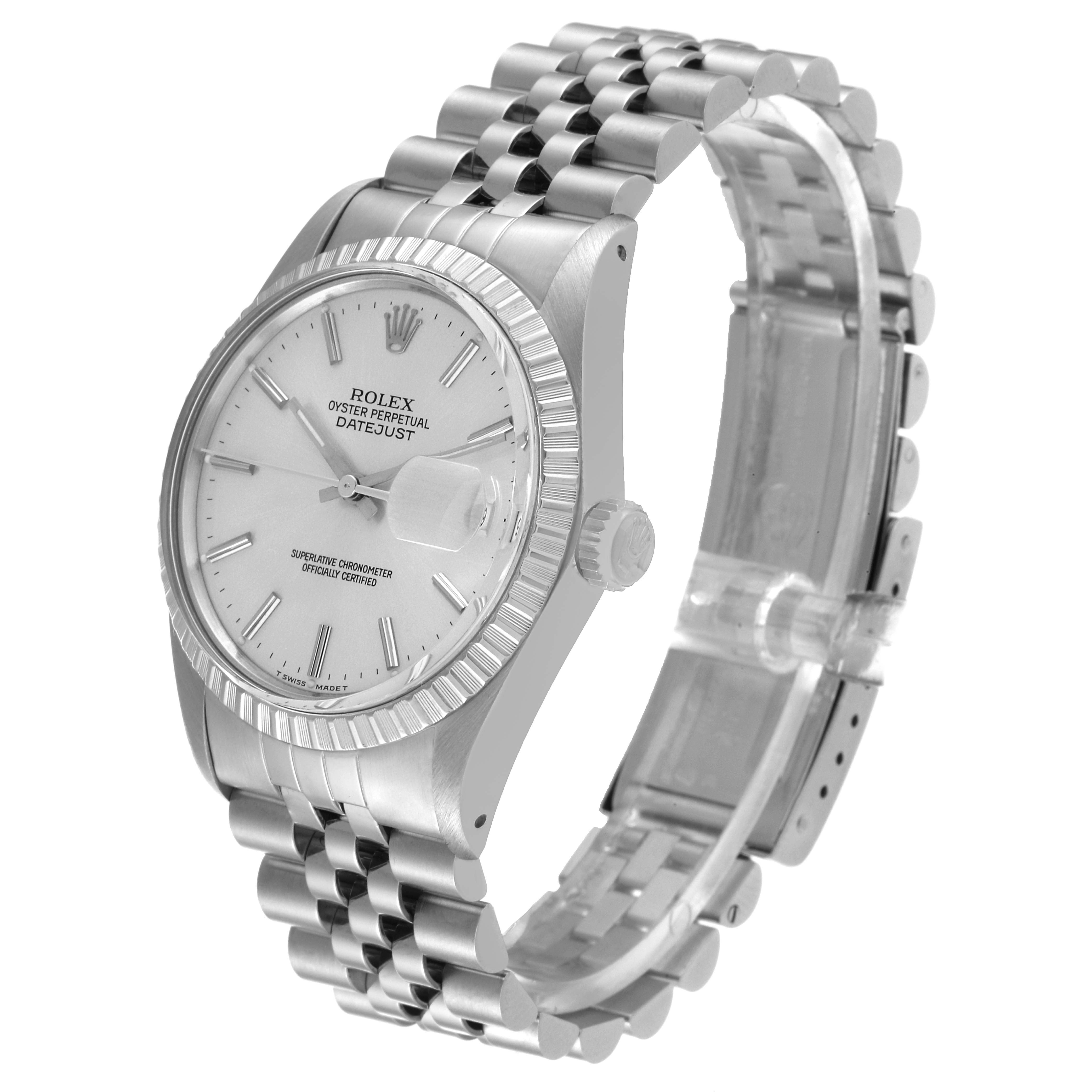 This image shows the Vintage Collection Rolex Datejust watch at a slight side angle, displaying its face and bracelet.