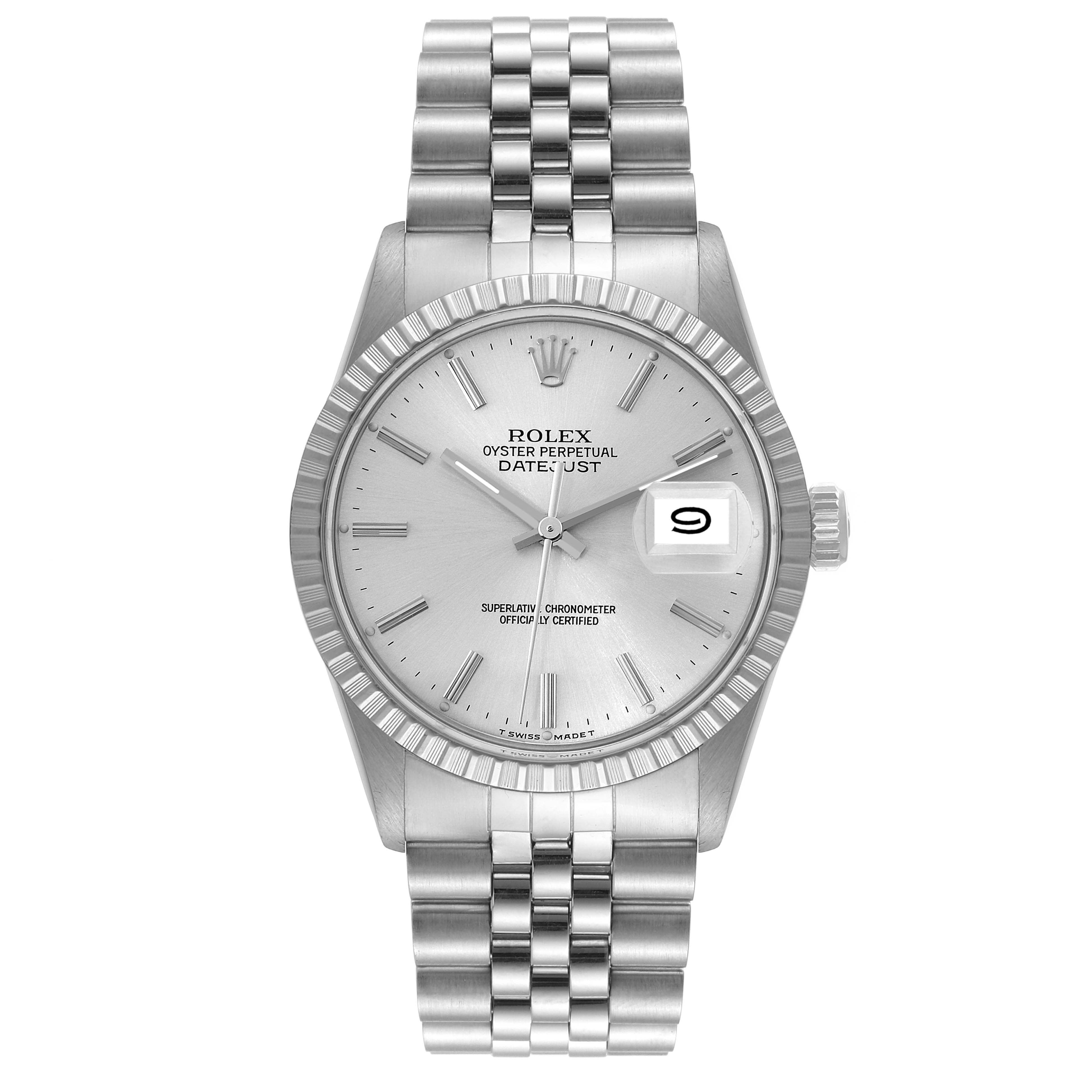 The Rolex Vintage Collection 16030 Men's Stainless Steel Silver Dial 16030 Men's Stainless Steel Silver Dial model is shown from a front angle, displaying the face, dial, date window, and bracelet.