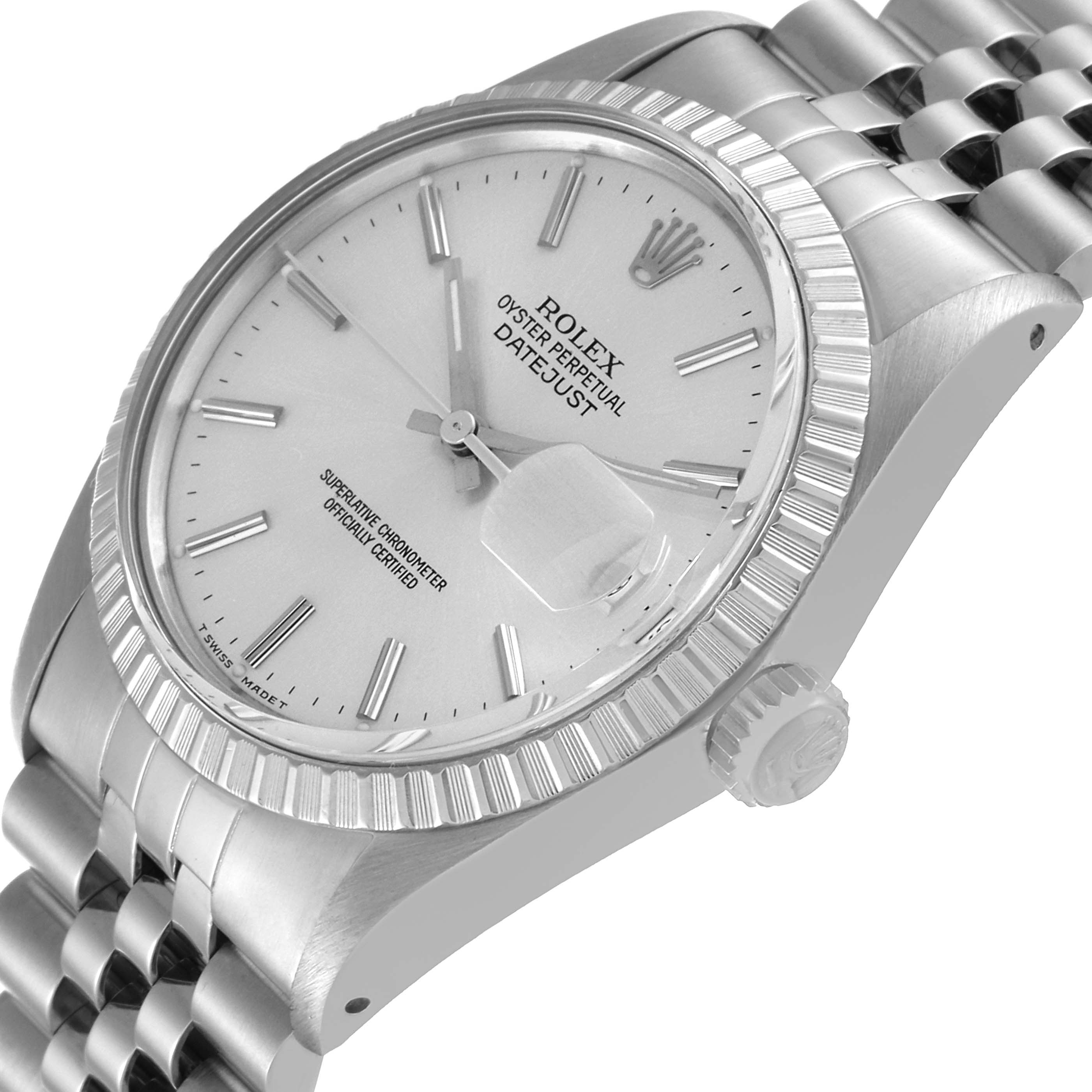 The image shows a side angle of the Rolex Vintage Collection 16030 Men's Stainless Steel Silver Dial 16030 Men's Stainless Steel Silver Dial Datejust, highlighting its dial, case, and bracelet.