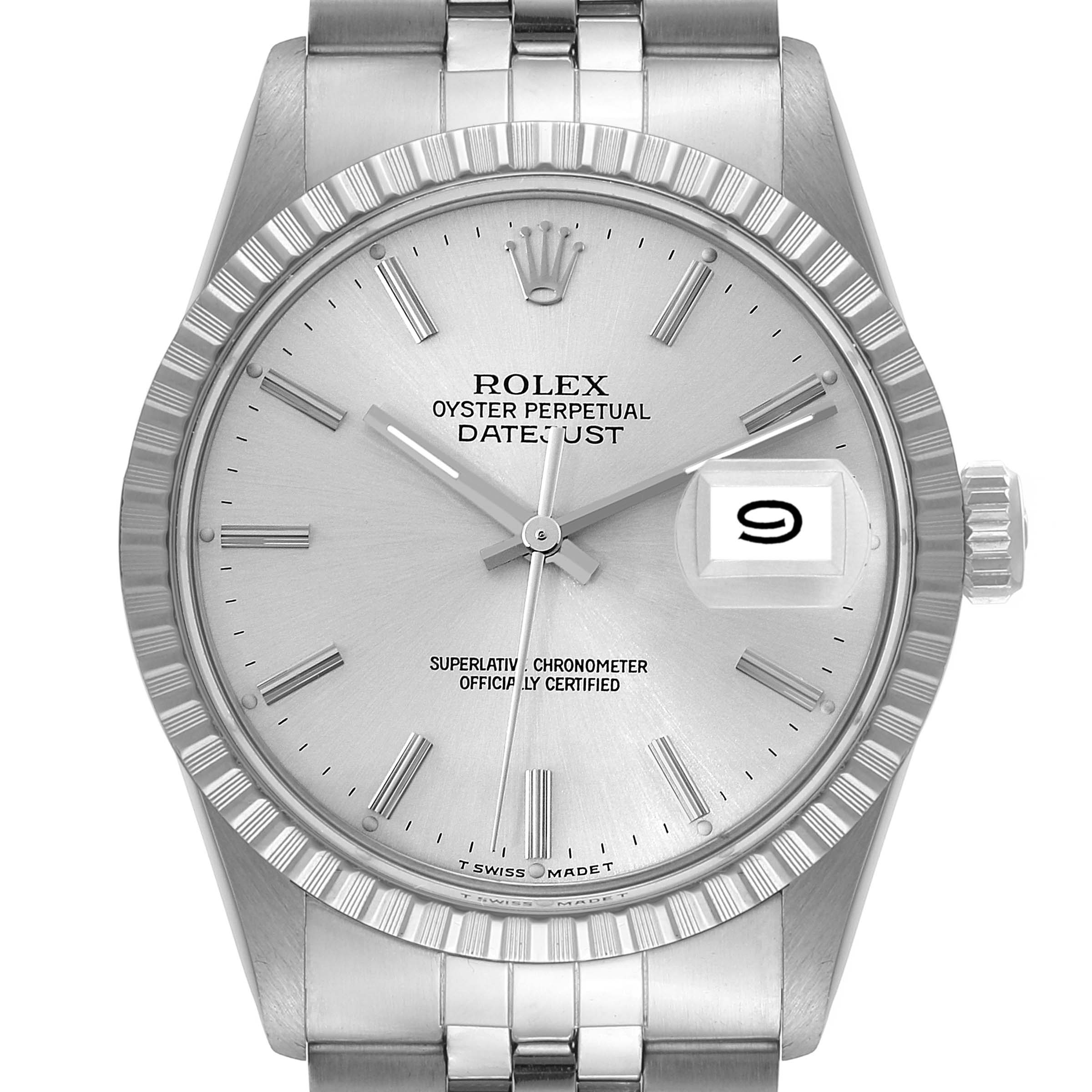 The image shows a front view of the Rolex Vintage Collection 16030 Men's Stainless Steel Silver Dial 16030 Men's Stainless Steel Silver Dial Oyster Perpetual Datejust watch, displaying its face, bezel, crown, and bracelet.