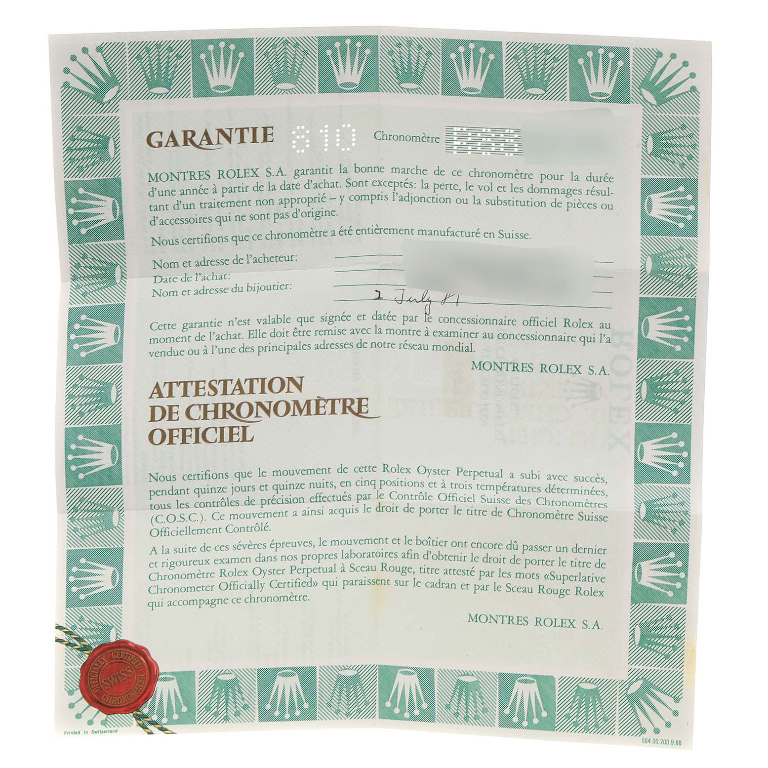 The image shows the warranty certificate for a Rolex Datejust 16233 Men
s Steel and Gold (two tone) Champagne Dial 16233 Men
s Steel and Gold (two tone) Champagne Dial, featuring detailed text and the Rolex logo border.
