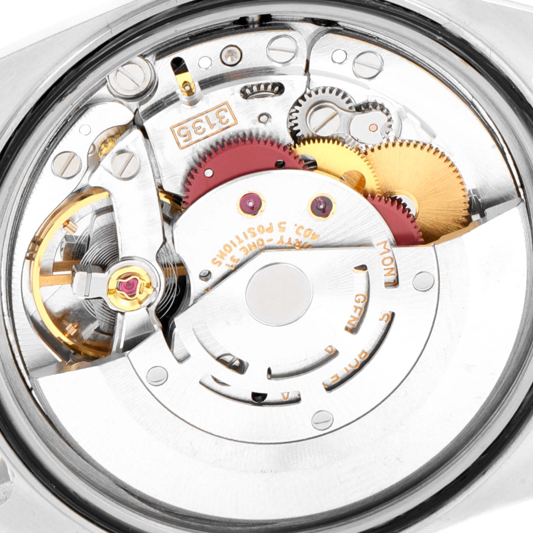 This image shows an inside view of the Rolex Datejust 16233 Men
s Steel and Gold (two tone) Champagne Dial 16233 Men
s Steel and Gold (two tone) Champagne Dial model
s movement mechanism, featuring gears and other components.