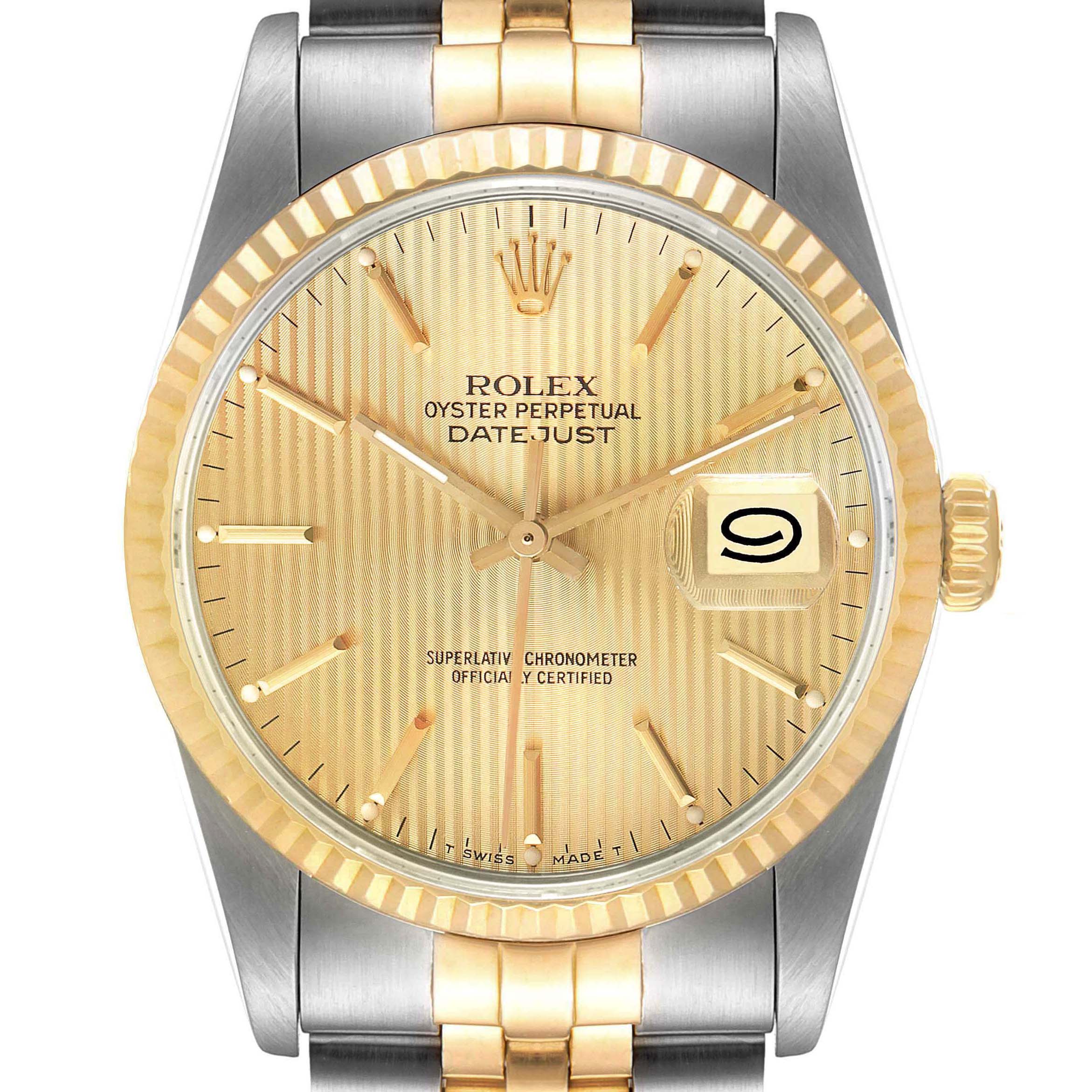 The image shows a frontal view of a Rolex Datejust 16233 Men
s Steel and Gold (two tone) Champagne Dial 16233 Men
s Steel and Gold (two tone) Champagne Dial watch with a gold and silver dial and bracelet.