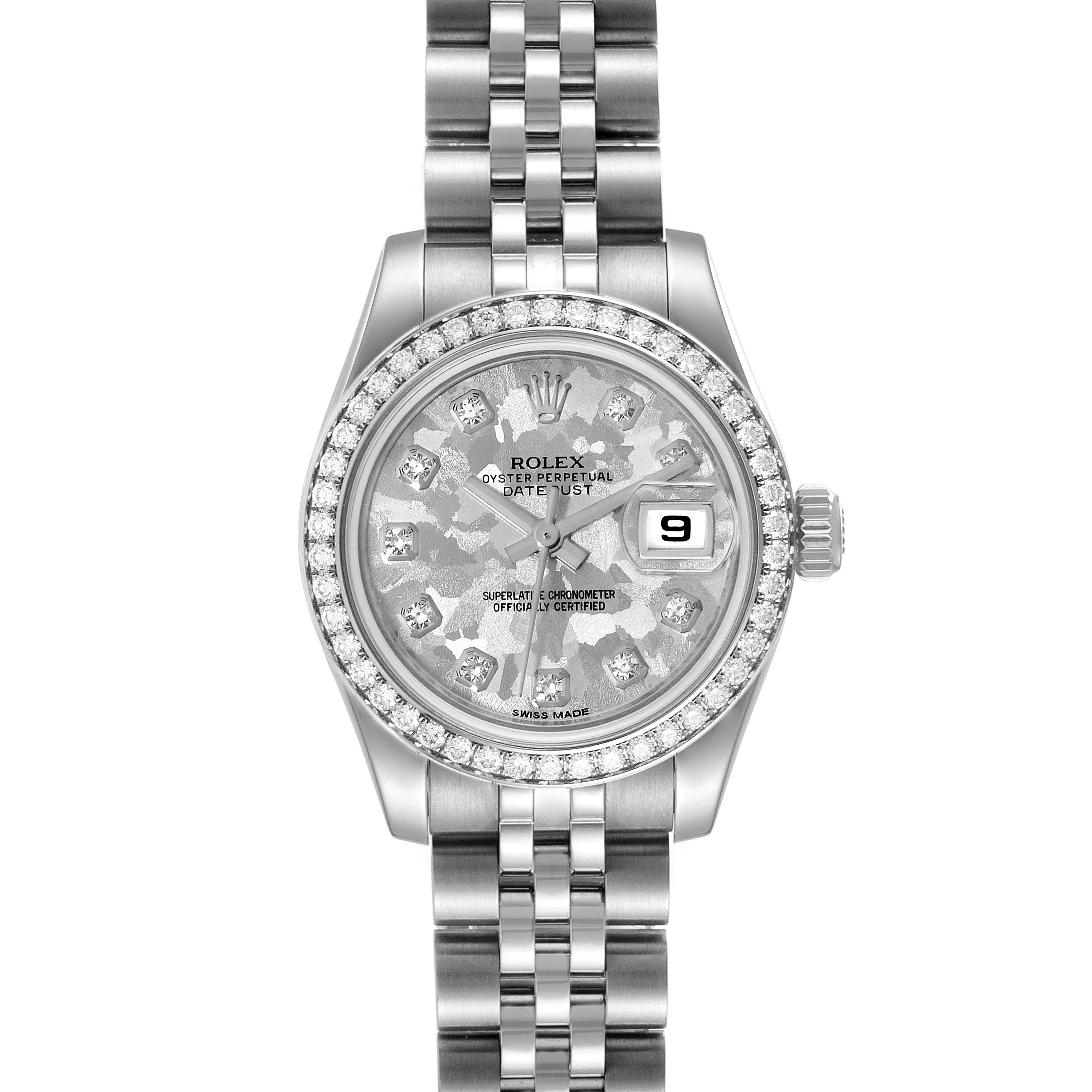 The image shows a Rolex Datejust 179384 Women's Stainless Steel Silver Dial 179384 Women's Stainless Steel Silver Dial watch from a top-down angle, highlighting the dial, bezel, and bracelet.