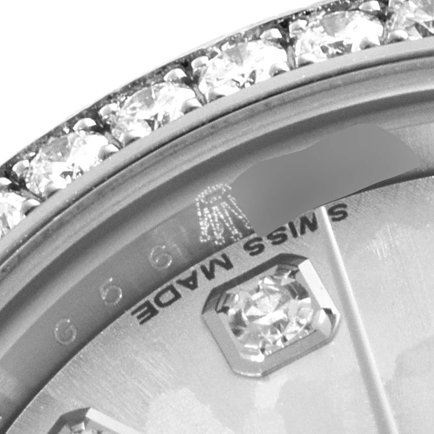 The image shows a close-up of the dial, bezel, and diamonds of the Rolex Datejust 179384 Women's Stainless Steel Silver Dial 179384 Women's Stainless Steel Silver Dial watch.