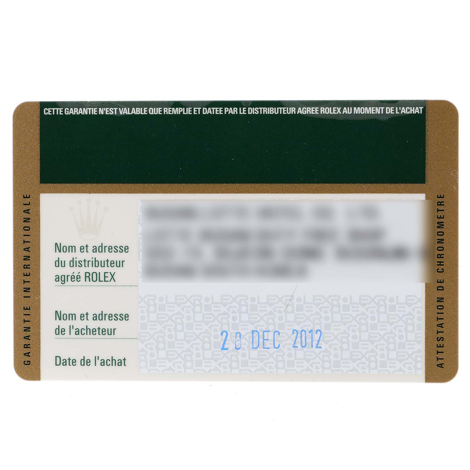 This image shows the warranty card for the Rolex Datejust 179384 Women's Stainless Steel Silver Dial 179384 Women's Stainless Steel Silver Dial watch, with purchase date and distributor details.