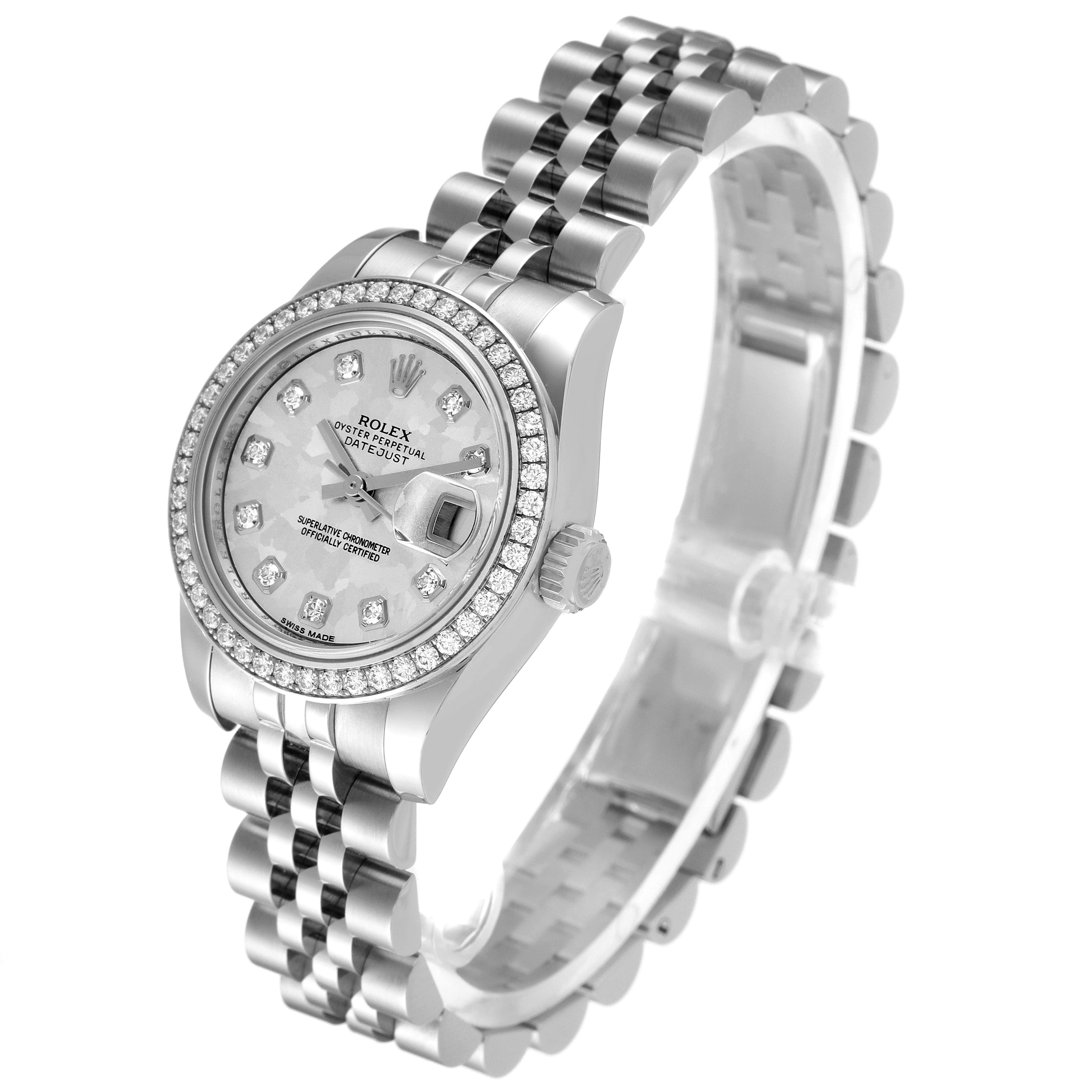 The image shows a Rolex Datejust 179384 Women's Stainless Steel Silver Dial 179384 Women's Stainless Steel Silver Dial model watch at an angled view, highlighting the bezel, face, date window, and bracelet.