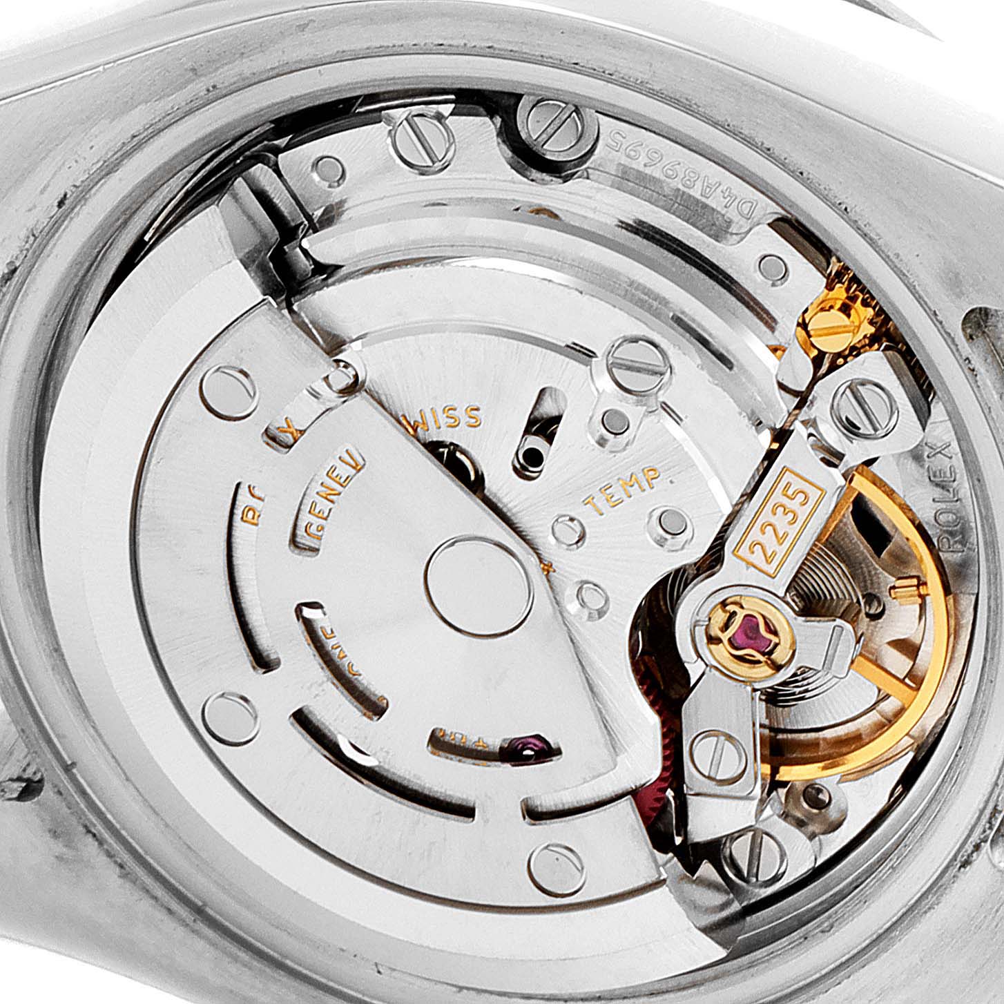 The image shows the internal mechanical movement of a Rolex Datejust 179384 Women's Stainless Steel Silver Dial 179384 Women's Stainless Steel Silver Dial watch from a close-up angle.