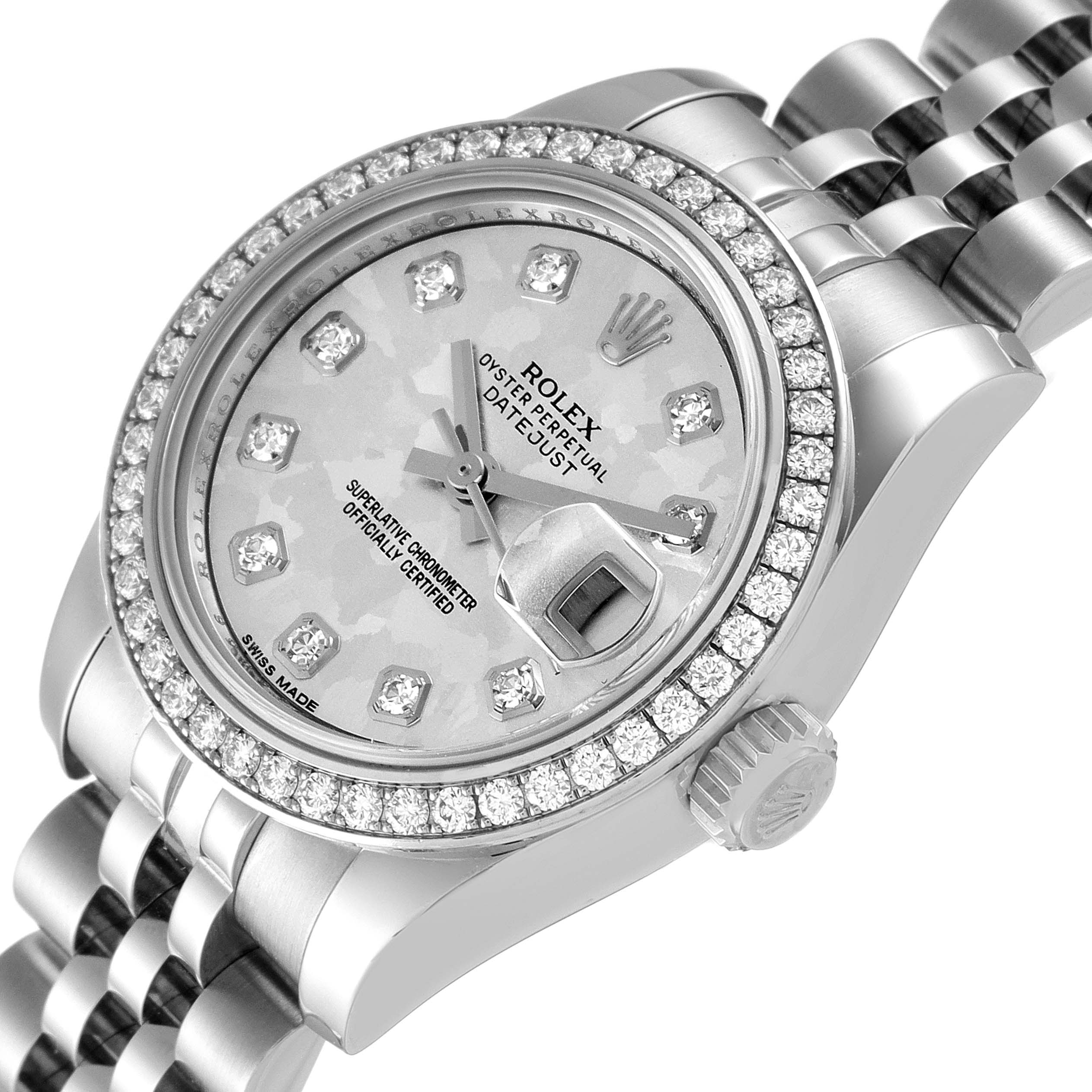 The image shows a close-up of a Rolex Datejust 179384 Women's Stainless Steel Silver Dial 179384 Women's Stainless Steel Silver Dial watch, highlighting its face, bezel, and part of the bracelet.