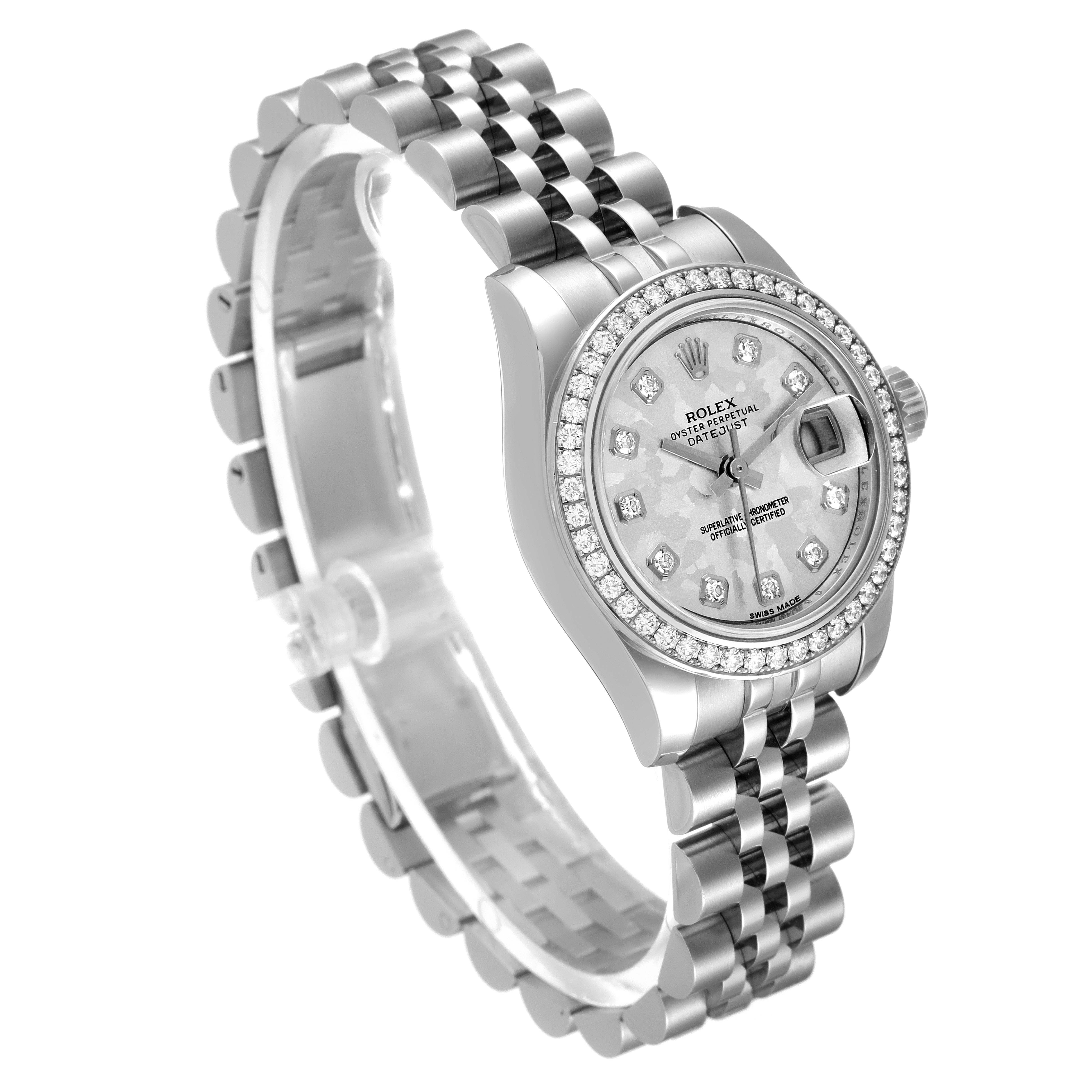 The image shows a Rolex Datejust 179384 Women's Stainless Steel Silver Dial 179384 Women's Stainless Steel Silver Dial watch at a 3/4 angle, highlighting its bracelet, dial, and diamond bezel.