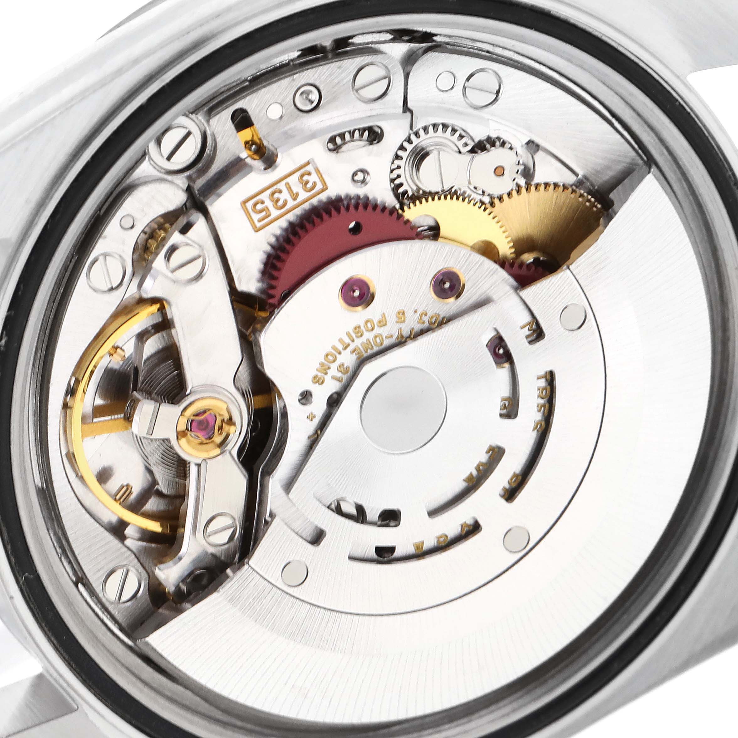 The image shows the internal mechanical movement of a Rolex Datejust 16234 Men's Stainless Steel Mother of Pearl Dial 16234 Men's Stainless Steel Mother of Pearl Dial watch from a close-up angle.