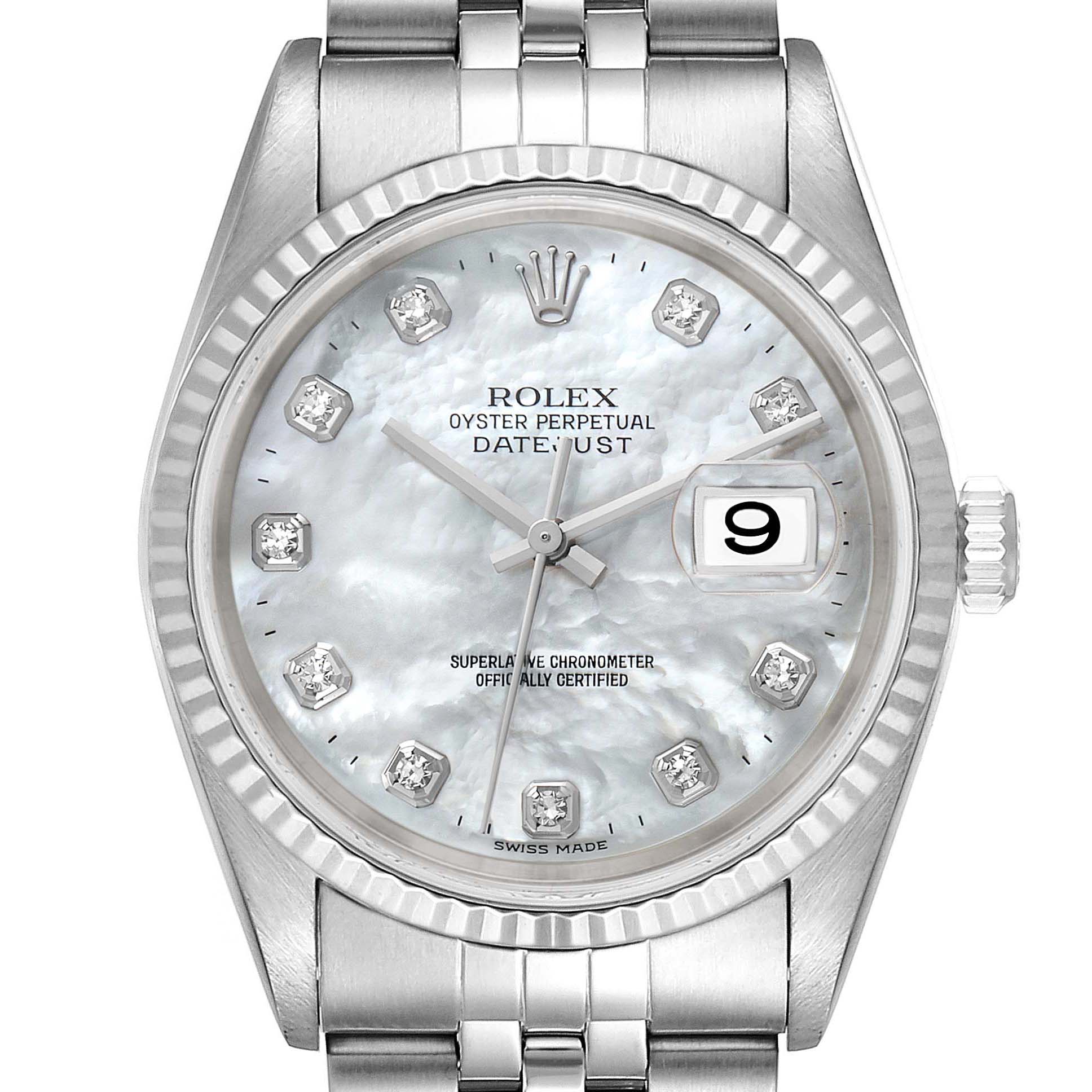 Rolex Datejust Steel White Gold Mother of Pearl Diamond Mens Watch ...