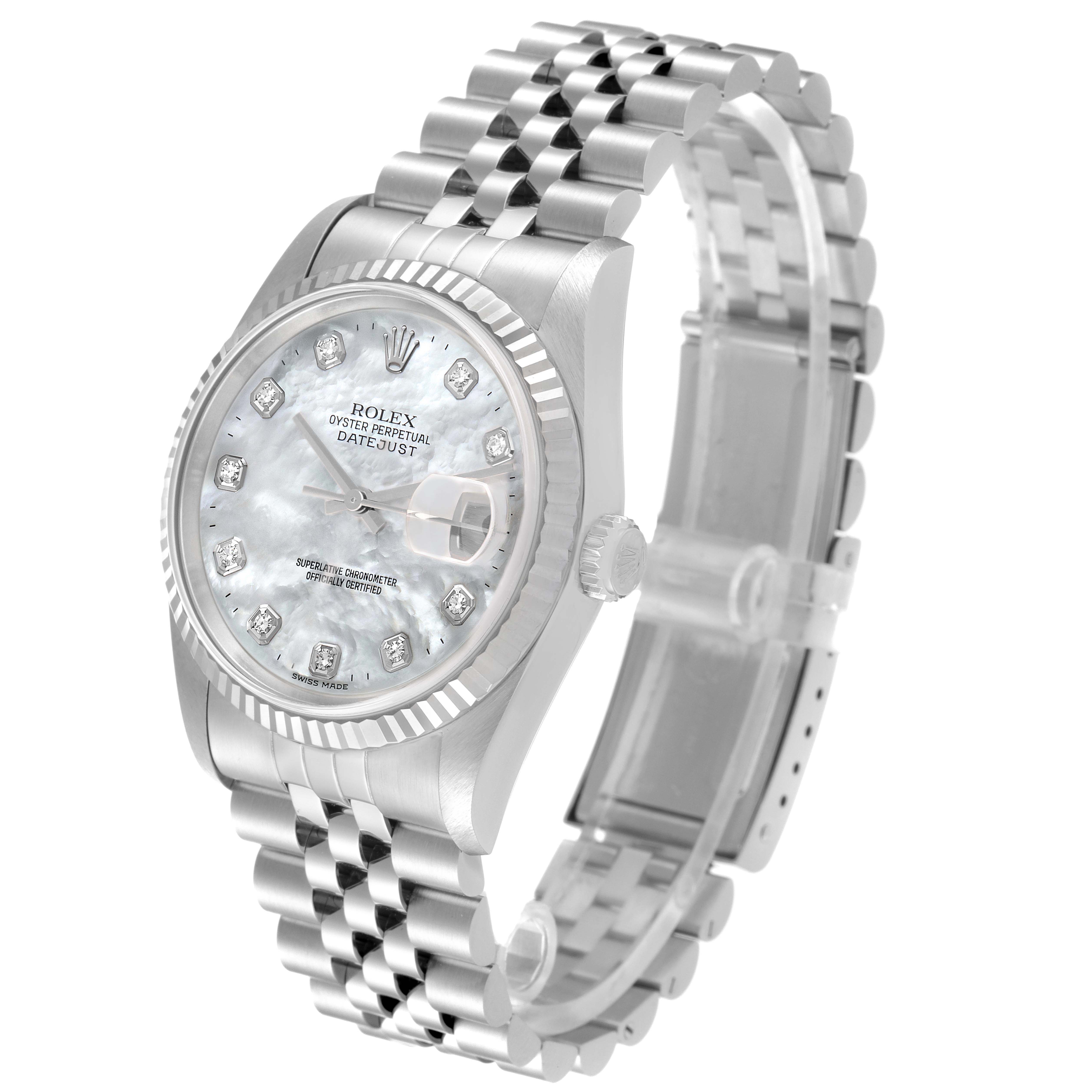 The Rolex Datejust 16234 Men's Stainless Steel Mother of Pearl Dial 16234 Men's Stainless Steel Mother of Pearl Dial watch is shown at a slight angle, featuring the dial, bezel, crown, and bracelet.