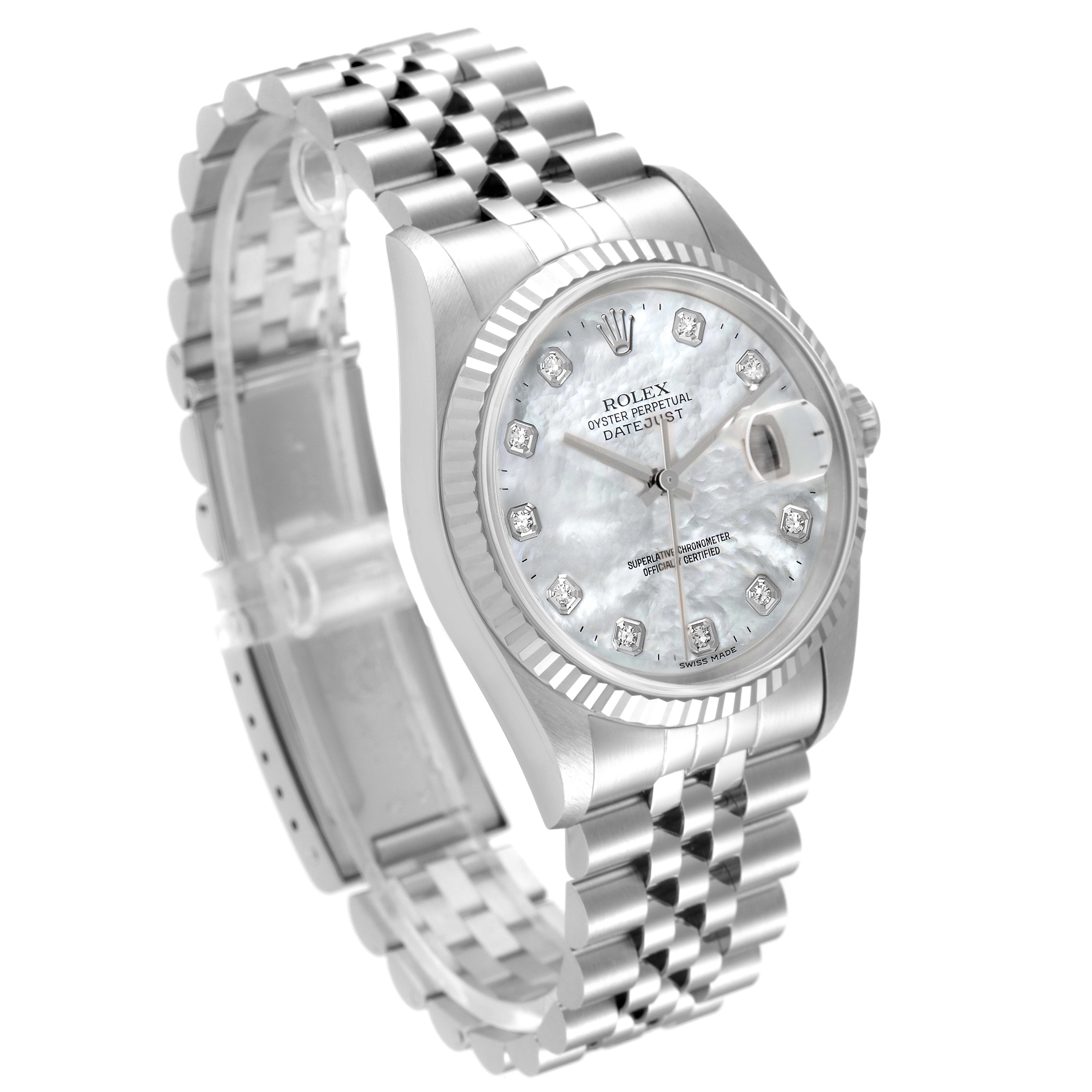 The image shows a side angle view of a Rolex Datejust 16234 Men's Stainless Steel Mother of Pearl Dial 16234 Men's Stainless Steel Mother of Pearl Dial watch, featuring the dial, hands, bezel, and bracelet.