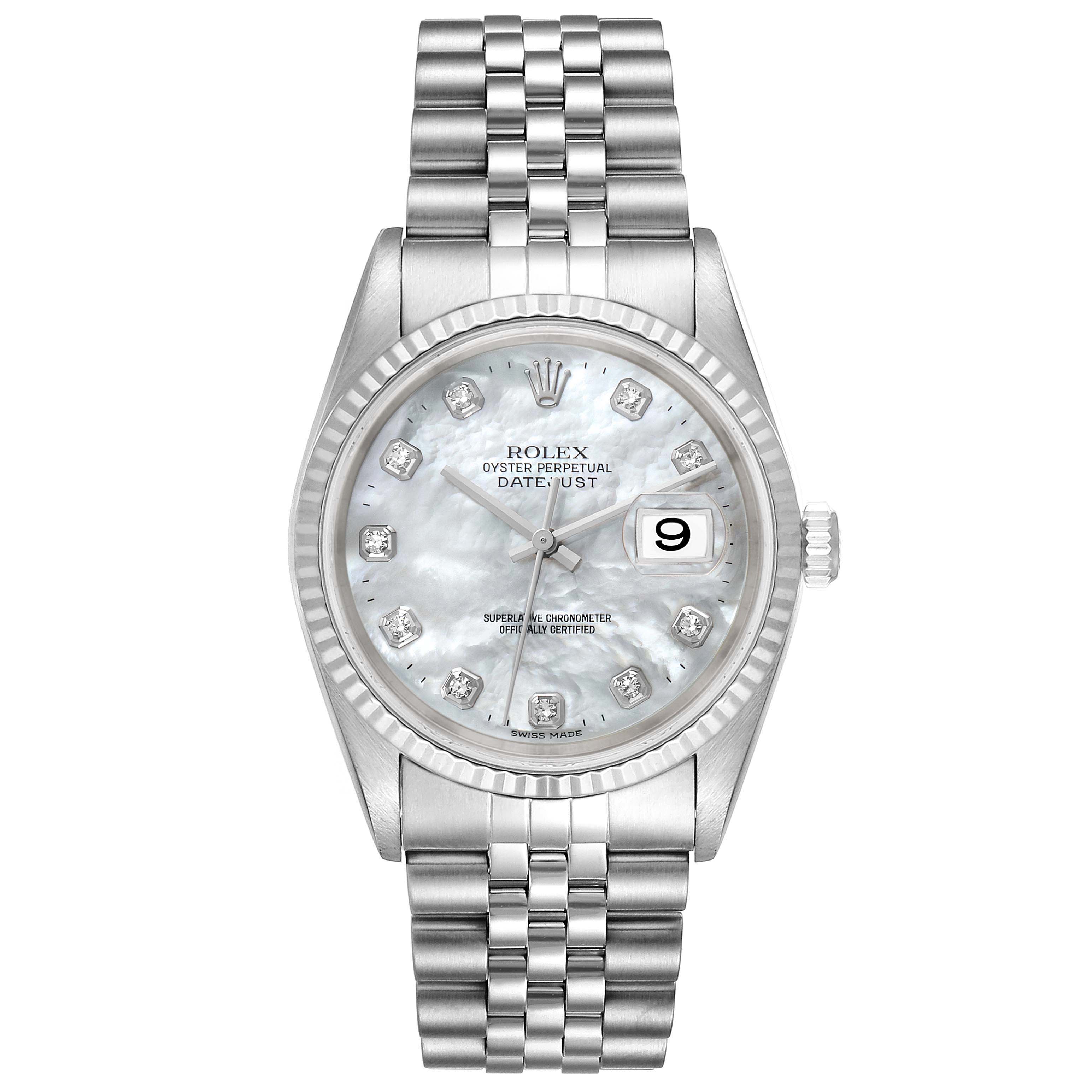 The Rolex Datejust 16234 Men's Stainless Steel Mother of Pearl Dial 16234 Men's Stainless Steel Mother of Pearl Dial watch in the image is shown from a front angle, highlighting the face, bezel, and bracelet.