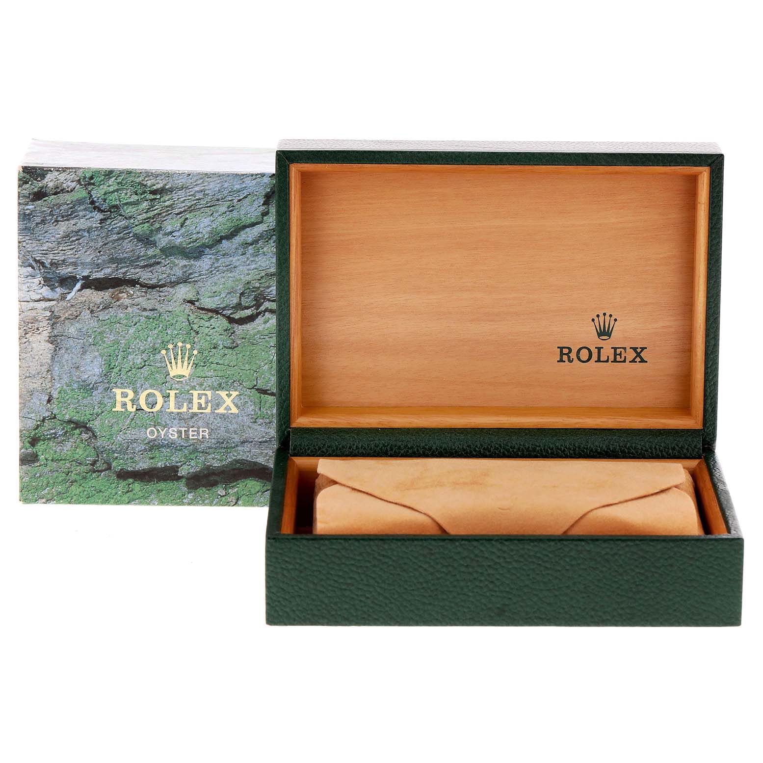 The image shows an open green Rolex box with the Rolex Oyster booklet beside it, without the Datejust watch inside.