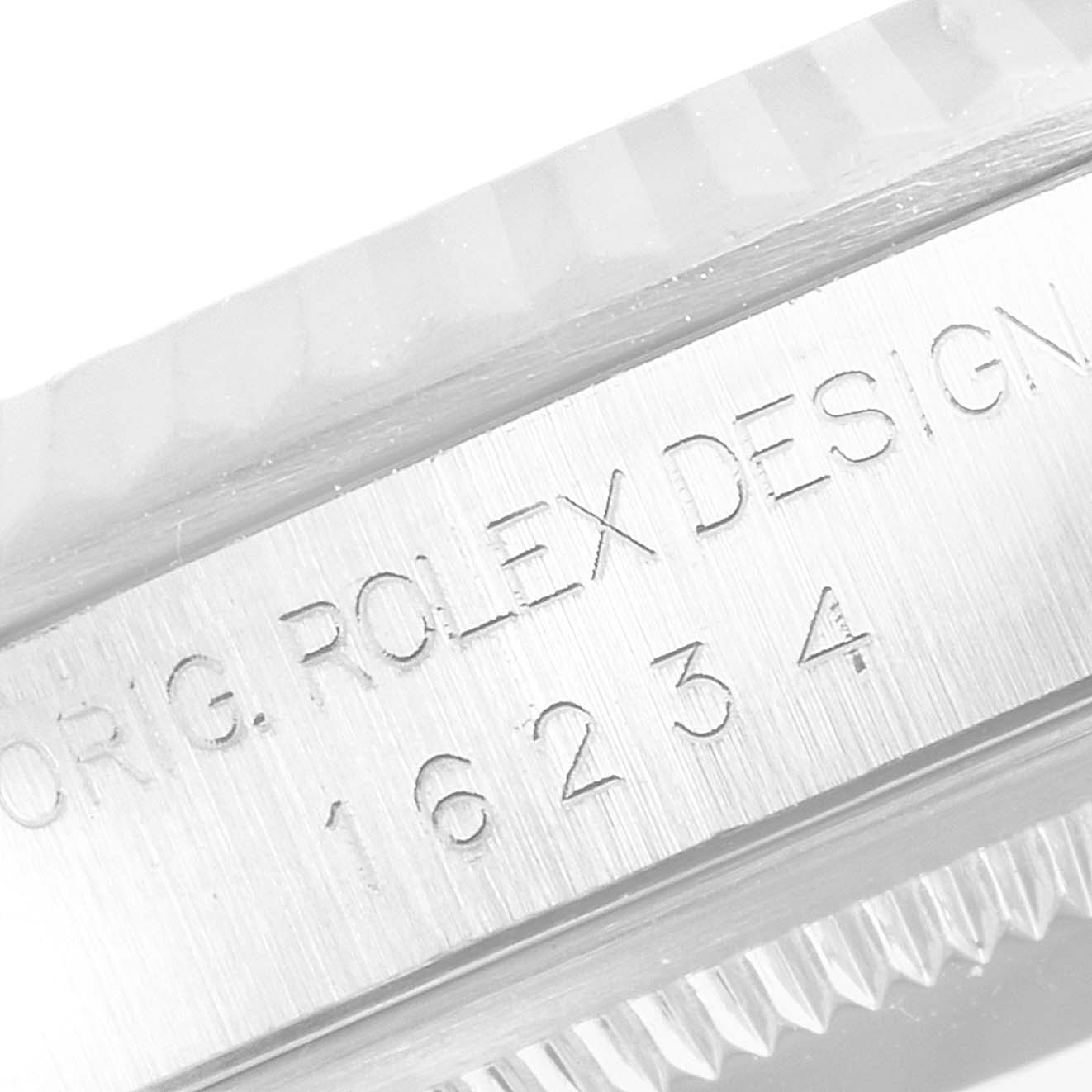 This image shows a close-up of the side of the Rolex Datejust 16234 Men's Stainless Steel Mother of Pearl Dial 16234 Men's Stainless Steel Mother of Pearl Dial model, highlighting the engraved model number.