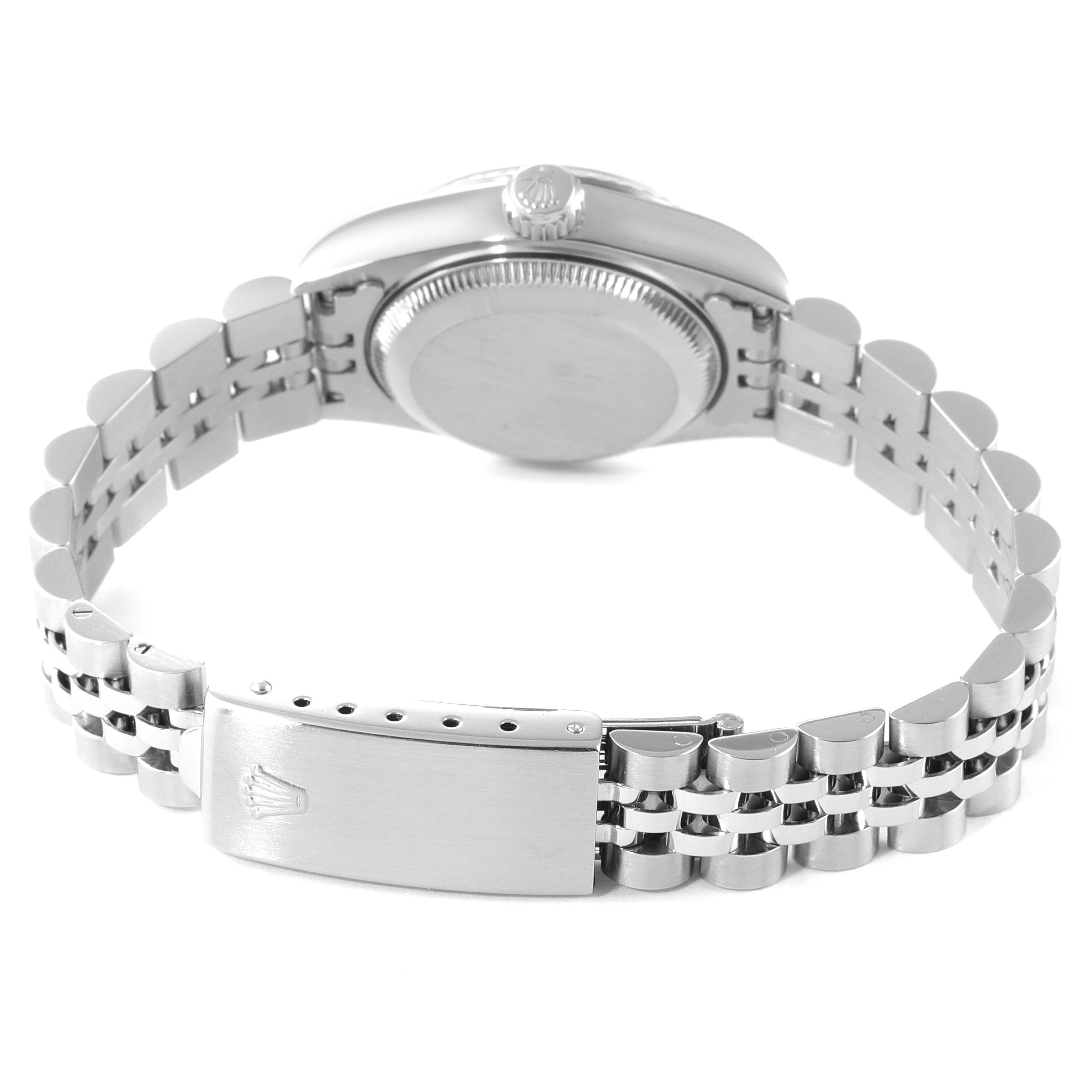 This image shows the back case, crown, and bracelet clasp of a Rolex Datejust 69174 Women's Stainless Steel Pink Dial 69174 Women's Stainless Steel Pink Dial watch from the rear angle.