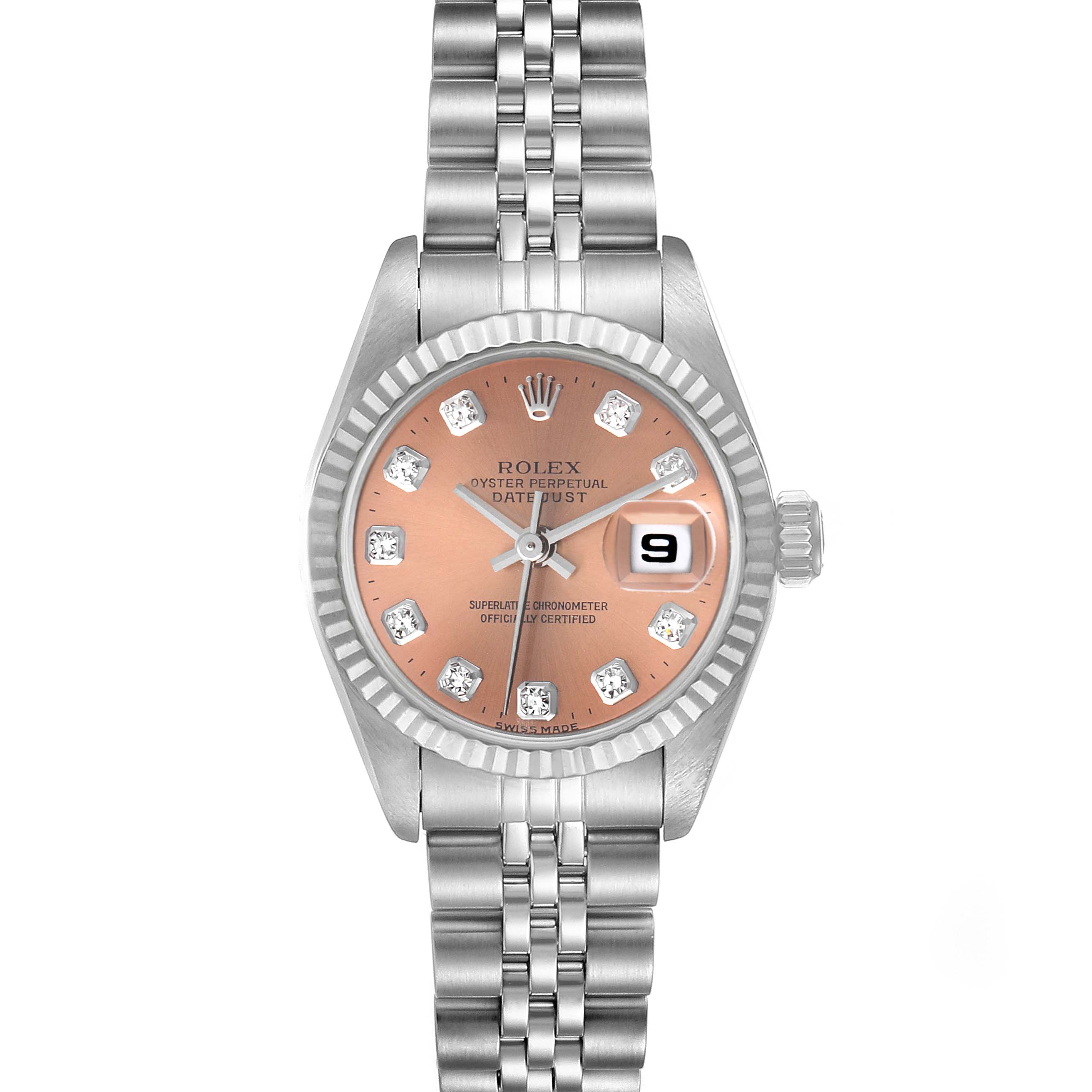 The Rolex Datejust 69174 Women's Stainless Steel Pink Dial 69174 Women's Stainless Steel Pink Dial watch is shown from a top-down angle, displaying its dial, bezel, case, and bracelet.