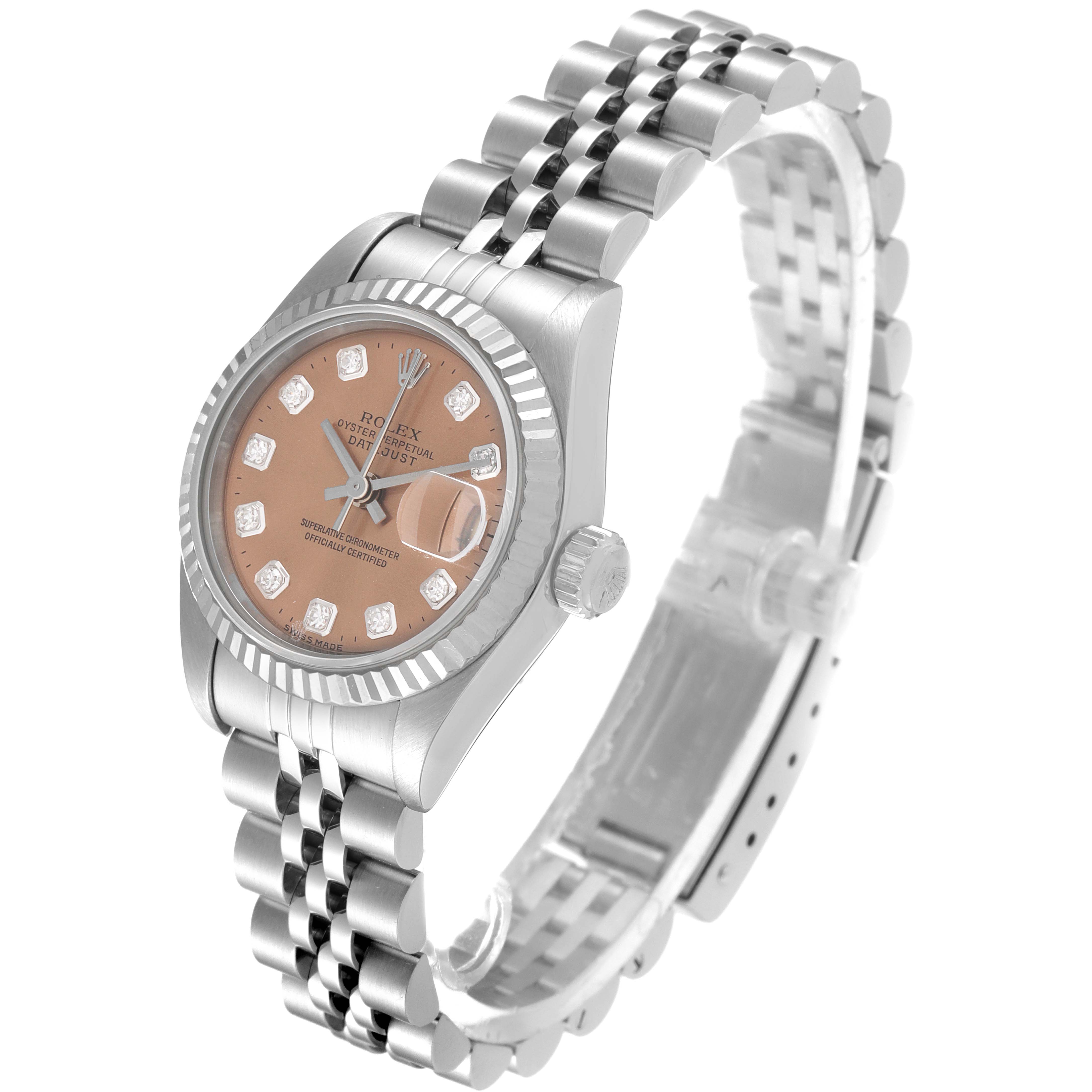 This Rolex Datejust 69174 Women's Stainless Steel Pink Dial 69174 Women's Stainless Steel Pink Dial watch is shown at a three-quarter angle, highlighting the bezel, dial, and bracelet.