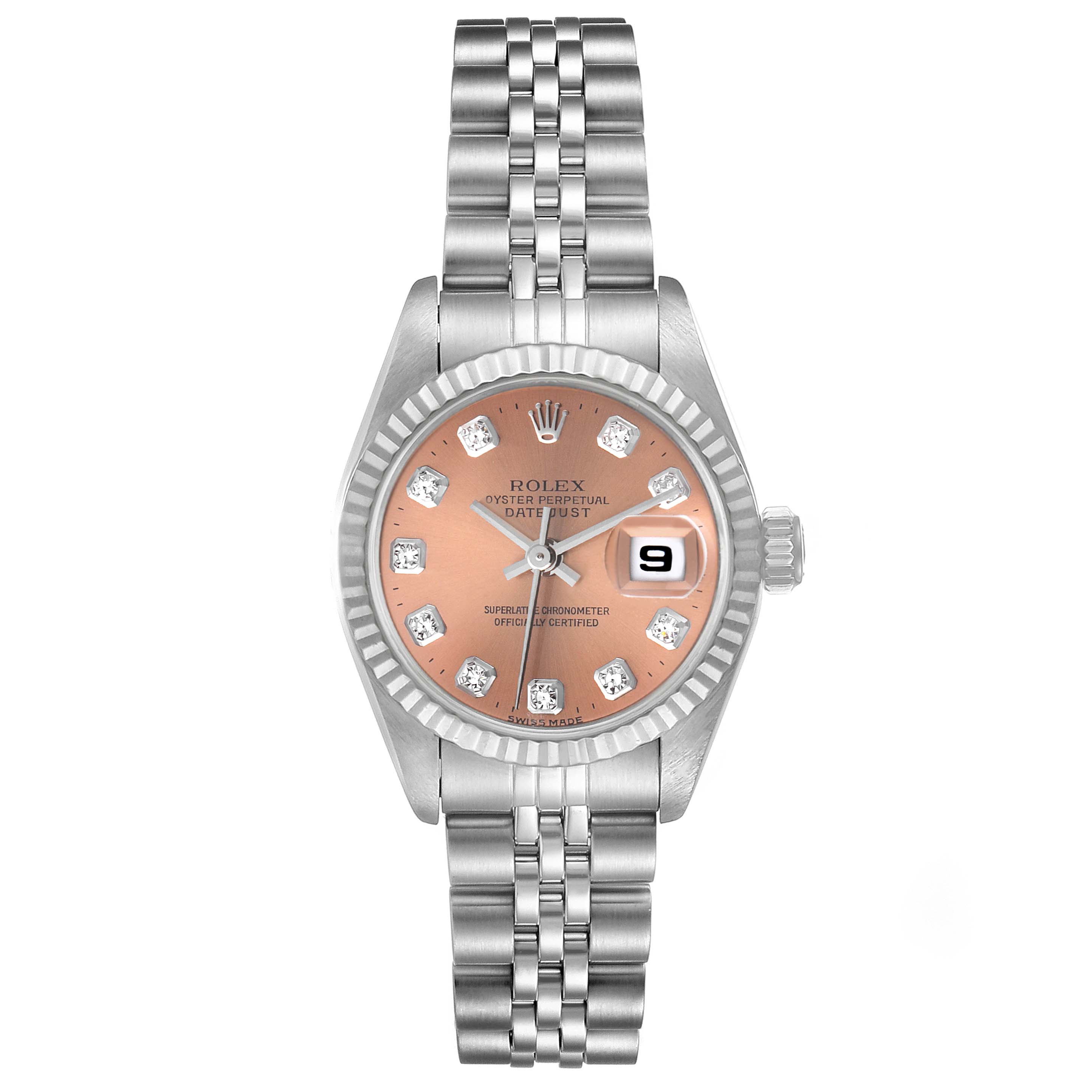 This image shows a front view of the Rolex Datejust 69174 Women's Stainless Steel Pink Dial 69174 Women's Stainless Steel Pink Dial watch, displaying the face, bezel, and bracelet clearly.