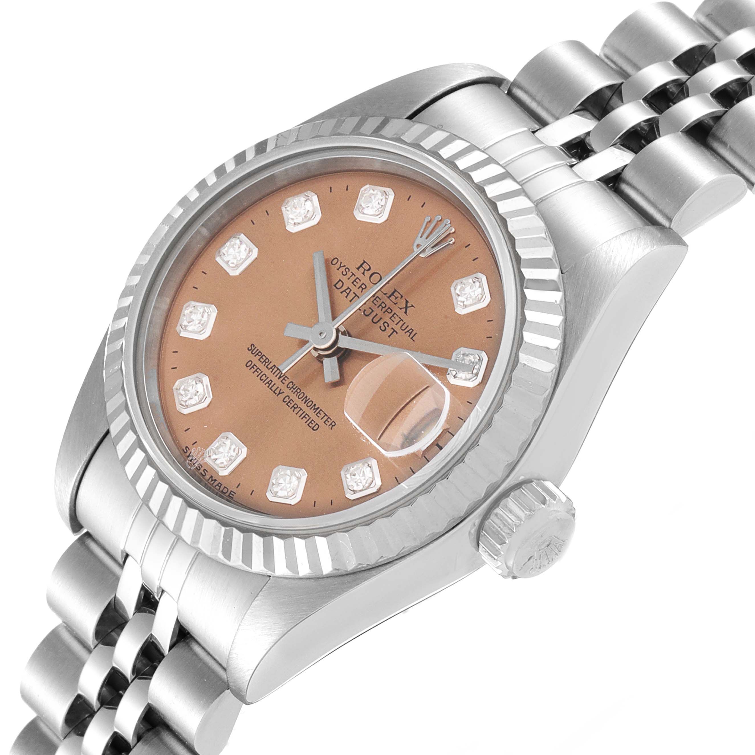 The image shows a Rolex Datejust 69174 Women's Stainless Steel Pink Dial 69174 Women's Stainless Steel Pink Dial watch angled from the front-right, highlighting its bezel, dial, and part of the bracelet.
