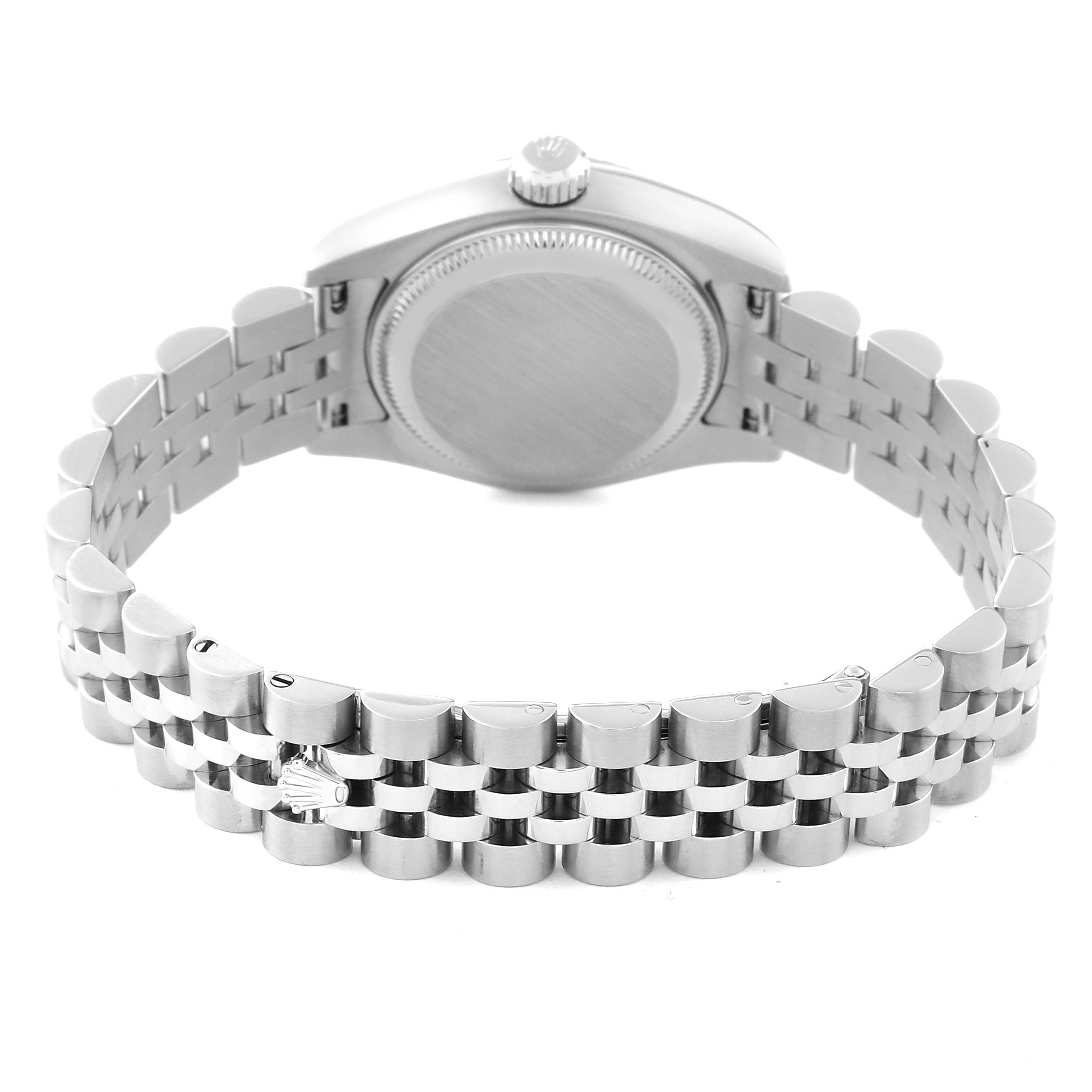 The image shows the back case and bracelet of the Rolex Datejust 179174 Women's Stainless Steel Silver Dial 179174 Women's Stainless Steel Silver Dial watch from a rear angle.