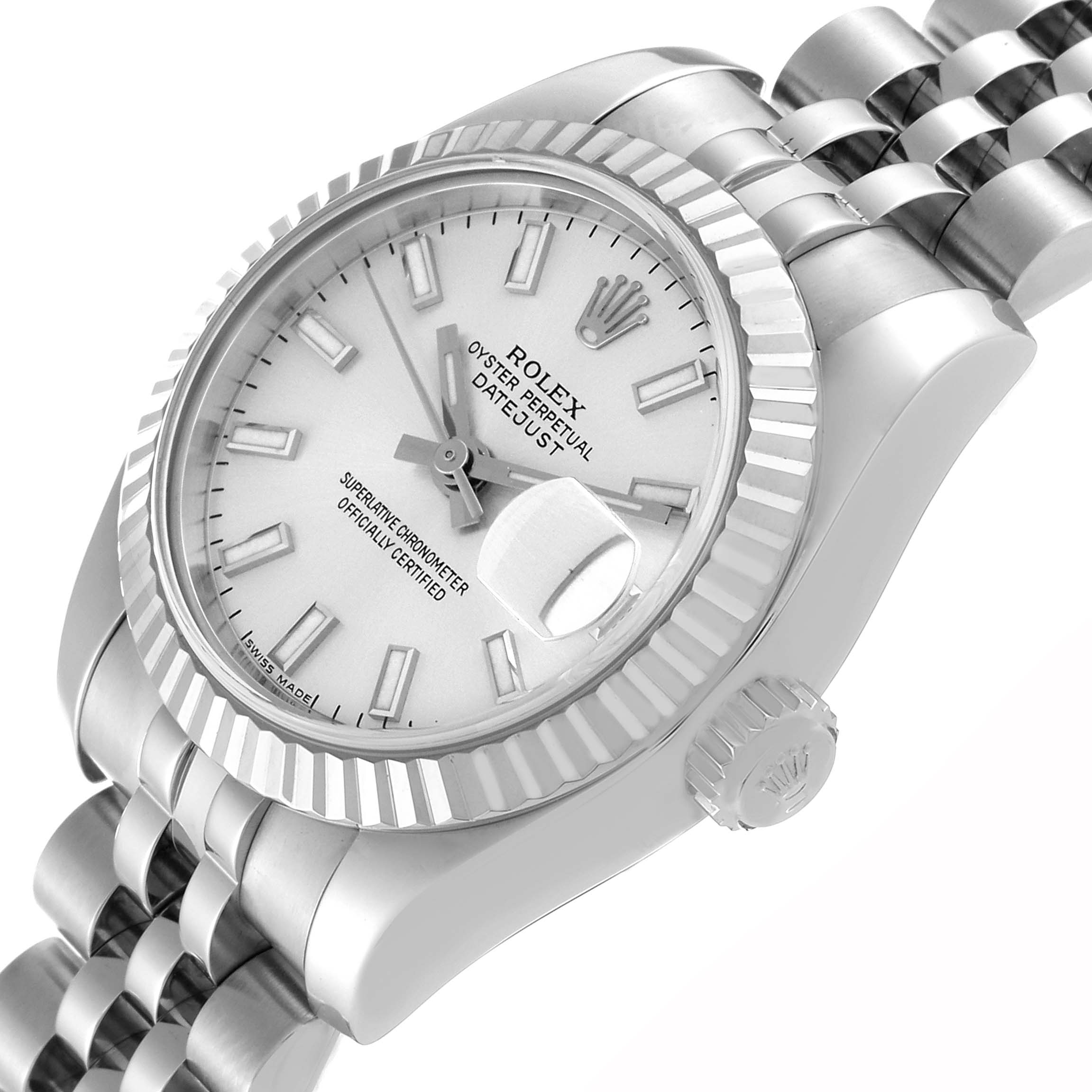 The image shows a Rolex Datejust 179174 Women's Stainless Steel Silver Dial 179174 Women's Stainless Steel Silver Dial watch at an angled top view, highlighting its fluted bezel, silver dial, bracelet, and crown.
