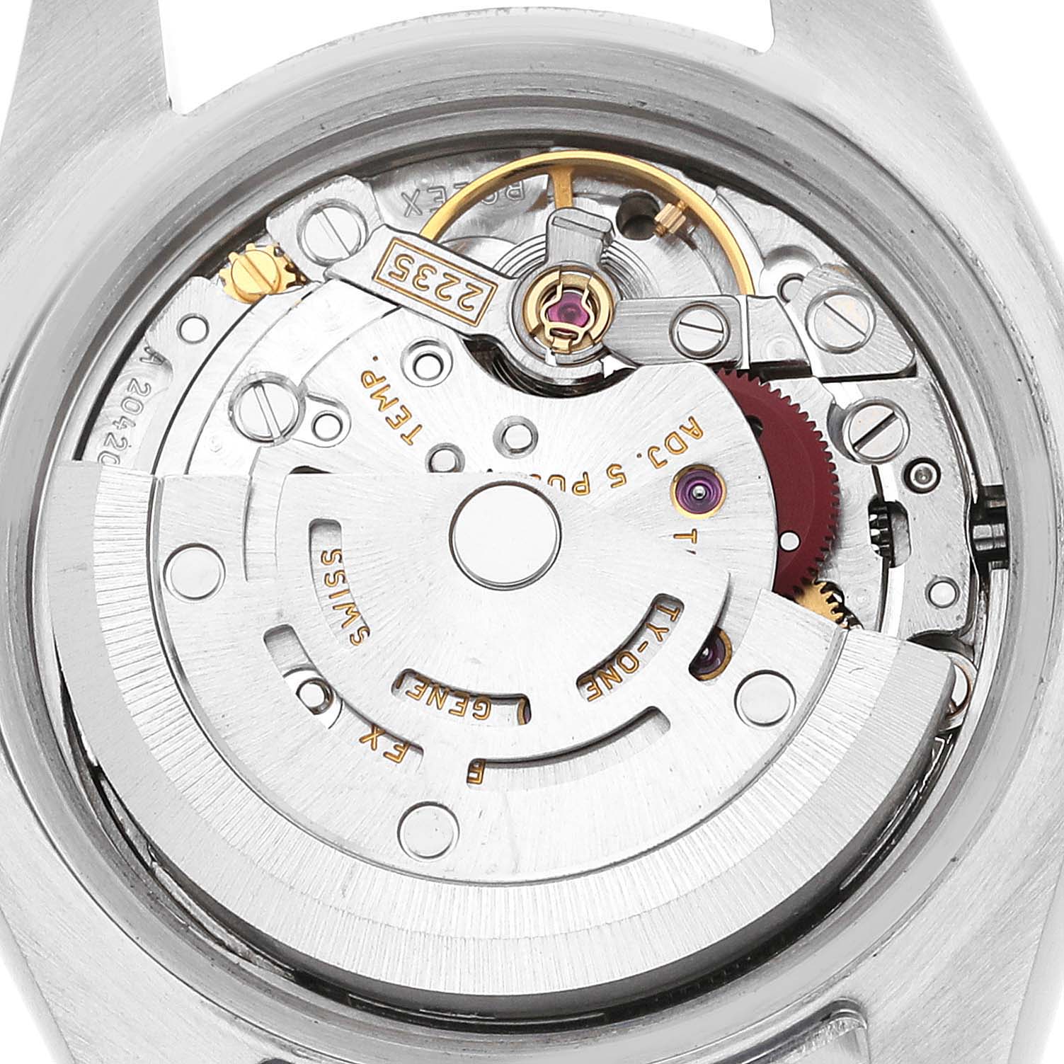 This image shows the internal mechanical movement of a Rolex Datejust 179174 Women's Stainless Steel Silver Dial 179174 Women's Stainless Steel Silver Dial watch, viewed from the back.