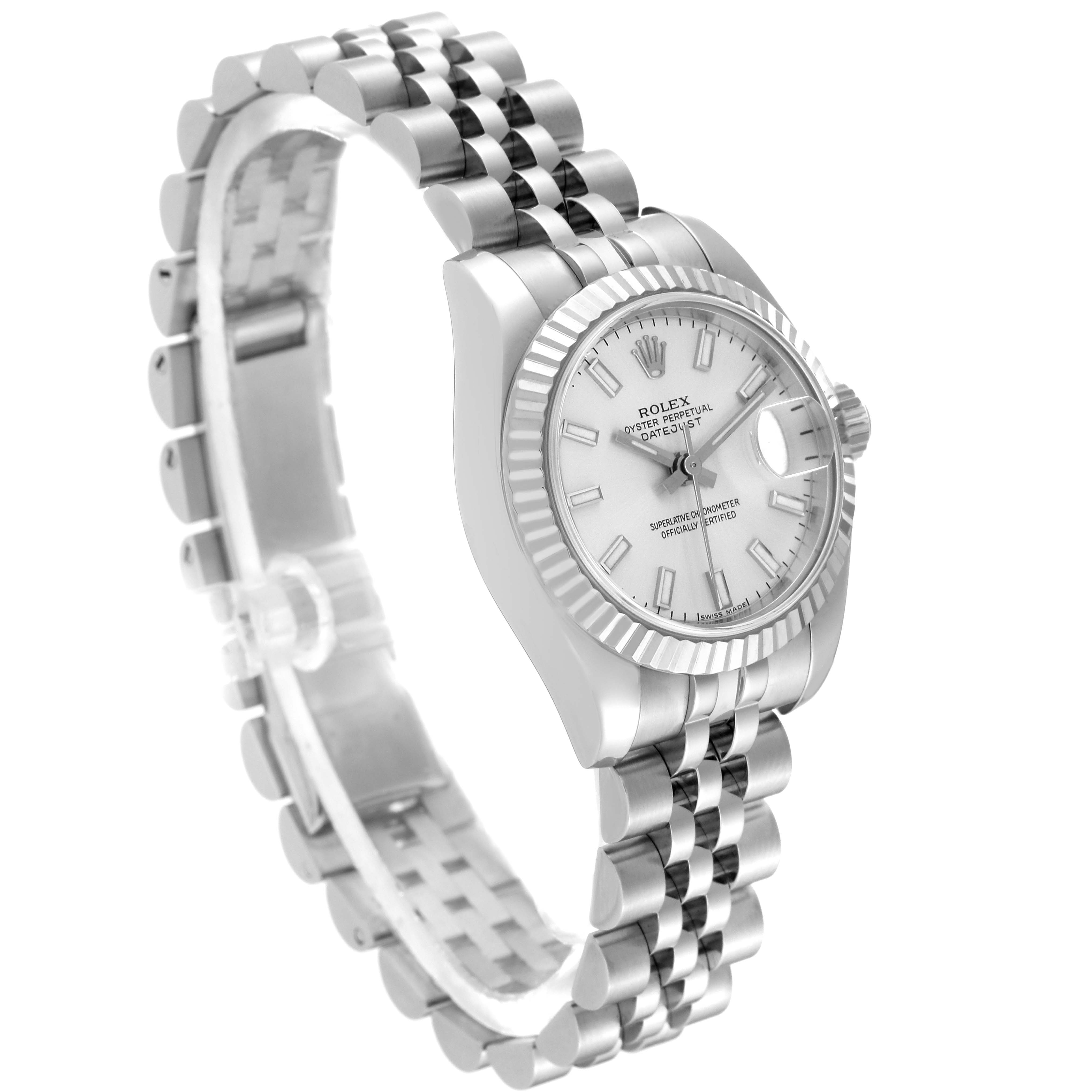 The image shows a side angle of the Rolex Datejust 179174 Women's Stainless Steel Silver Dial 179174 Women's Stainless Steel Silver Dial watch, highlighting its bracelet, case, bezel, and dial.