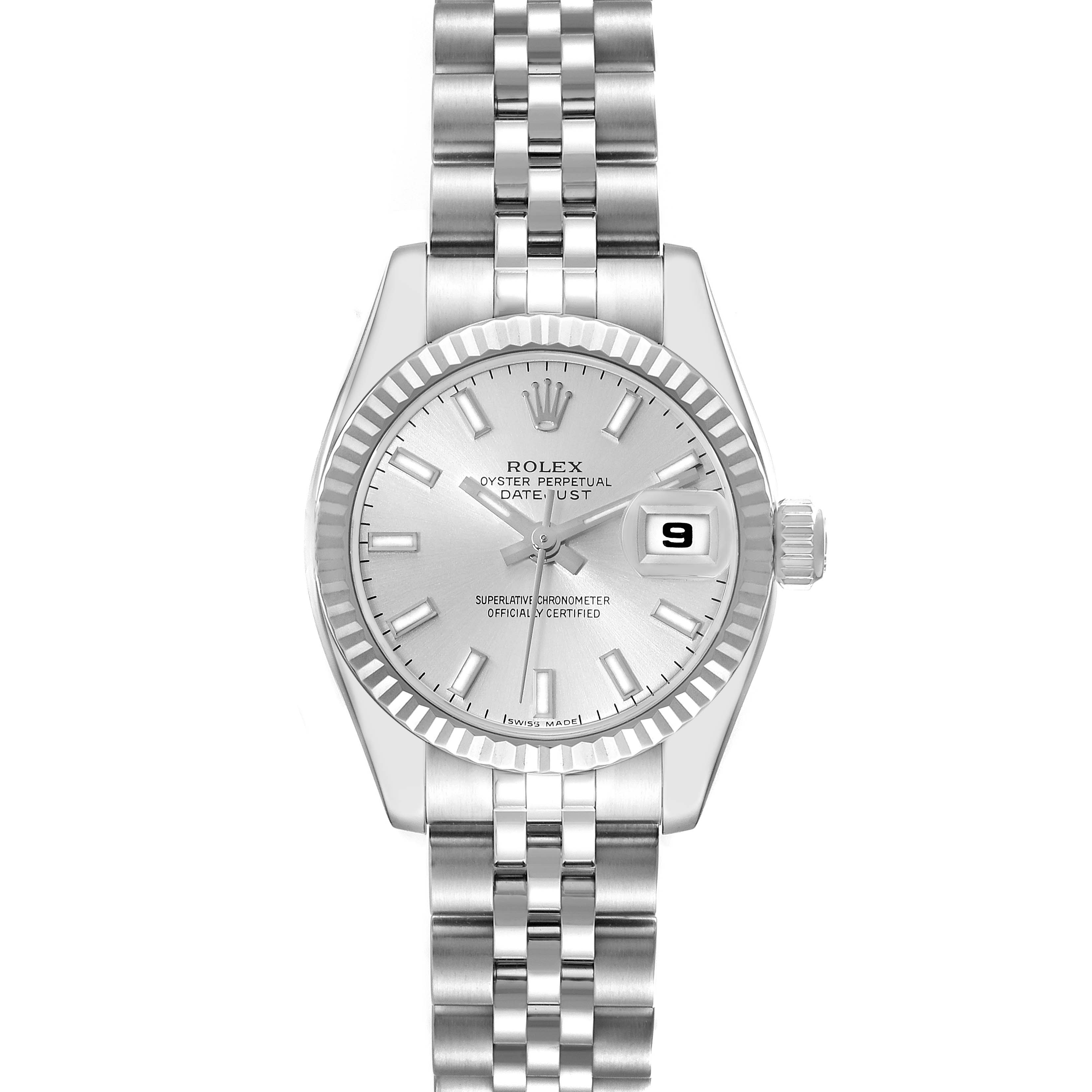 The image shows a front view of a Rolex Datejust 179174 Women's Stainless Steel Silver Dial 179174 Women's Stainless Steel Silver Dial watch, highlighting its dial, bezel, crown, date window, and bracelet.