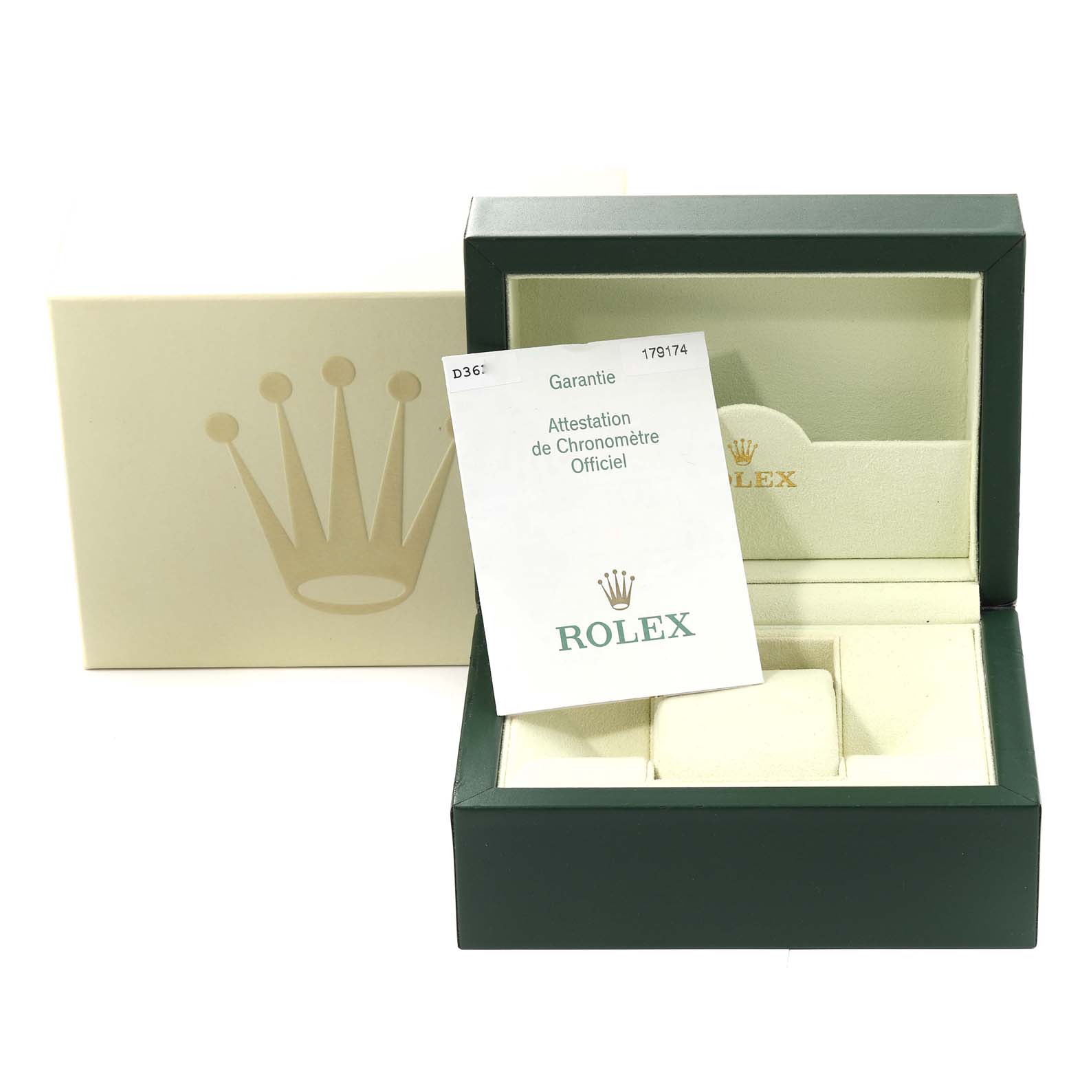 The image shows the packaging and documentation of a Rolex Datejust 179174 Women's Stainless Steel Silver Dial 179174 Women's Stainless Steel Silver Dial watch, including a green box and warranty card.