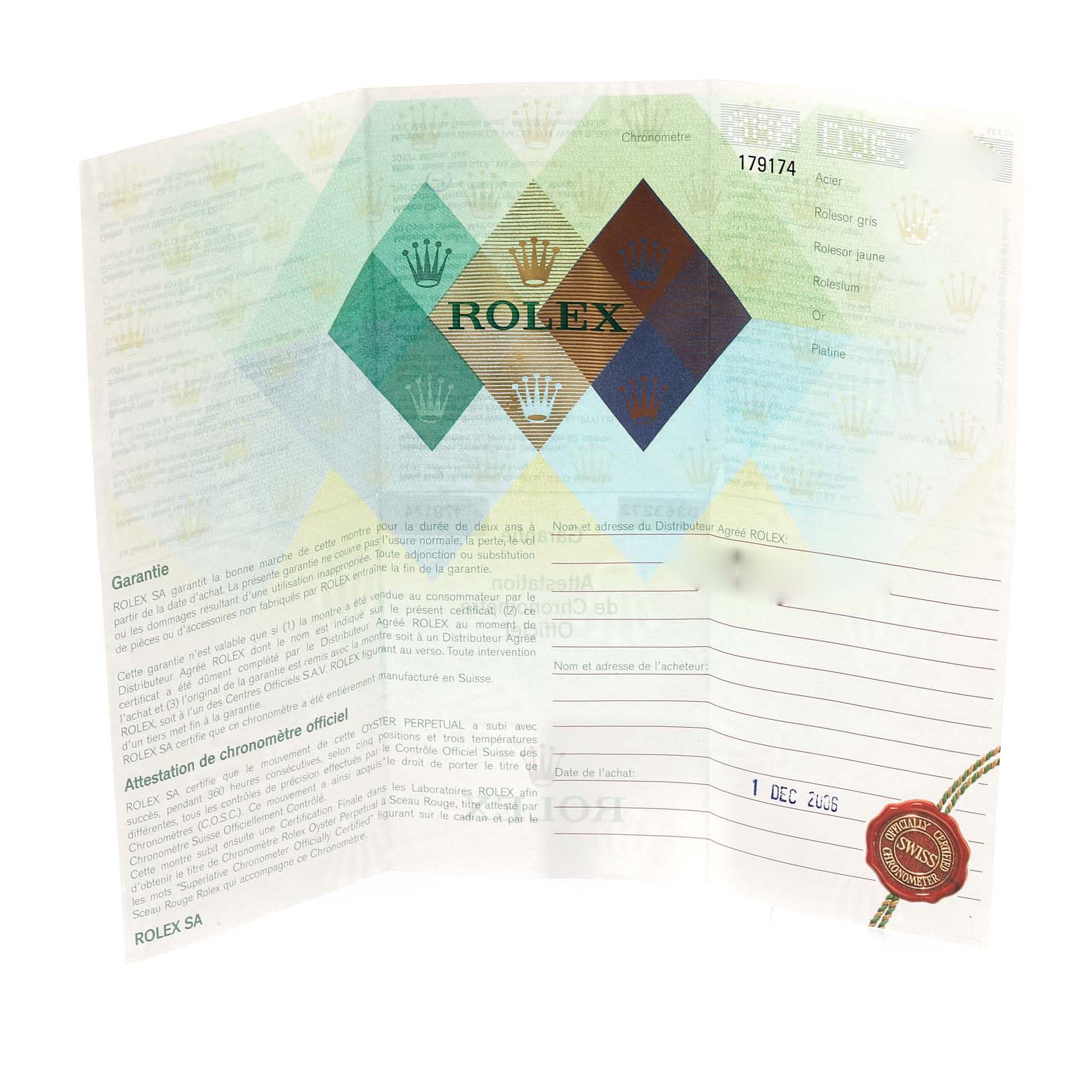 This image shows the warranty and certification papers for a Rolex Datejust 179174 Women's Stainless Steel Silver Dial 179174 Women's Stainless Steel Silver Dial watch.