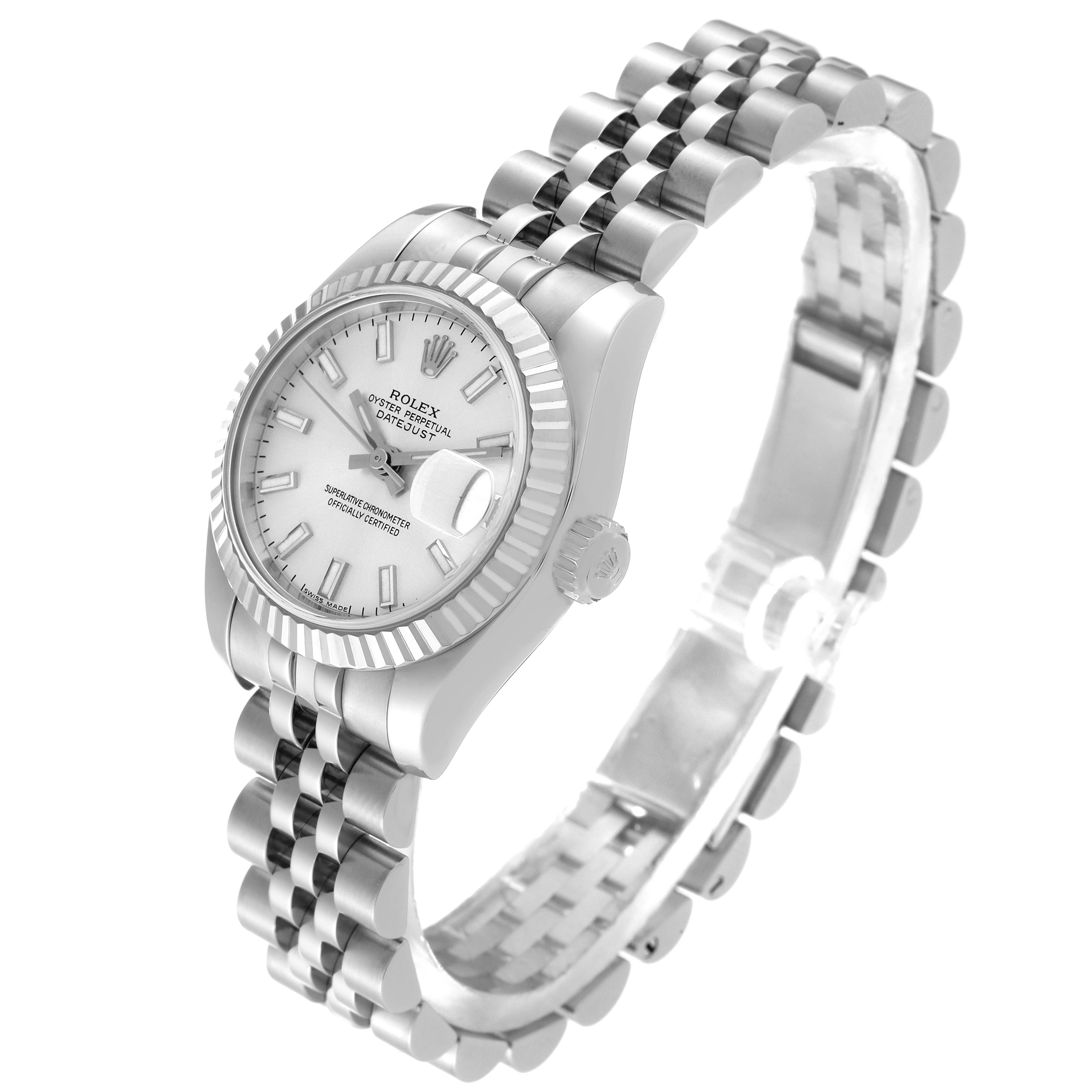 This image shows the Rolex Datejust 179174 Women's Stainless Steel Silver Dial 179174 Women's Stainless Steel Silver Dial watch from a three-quarter top-down angle, displaying its face, crown, and bracelet.