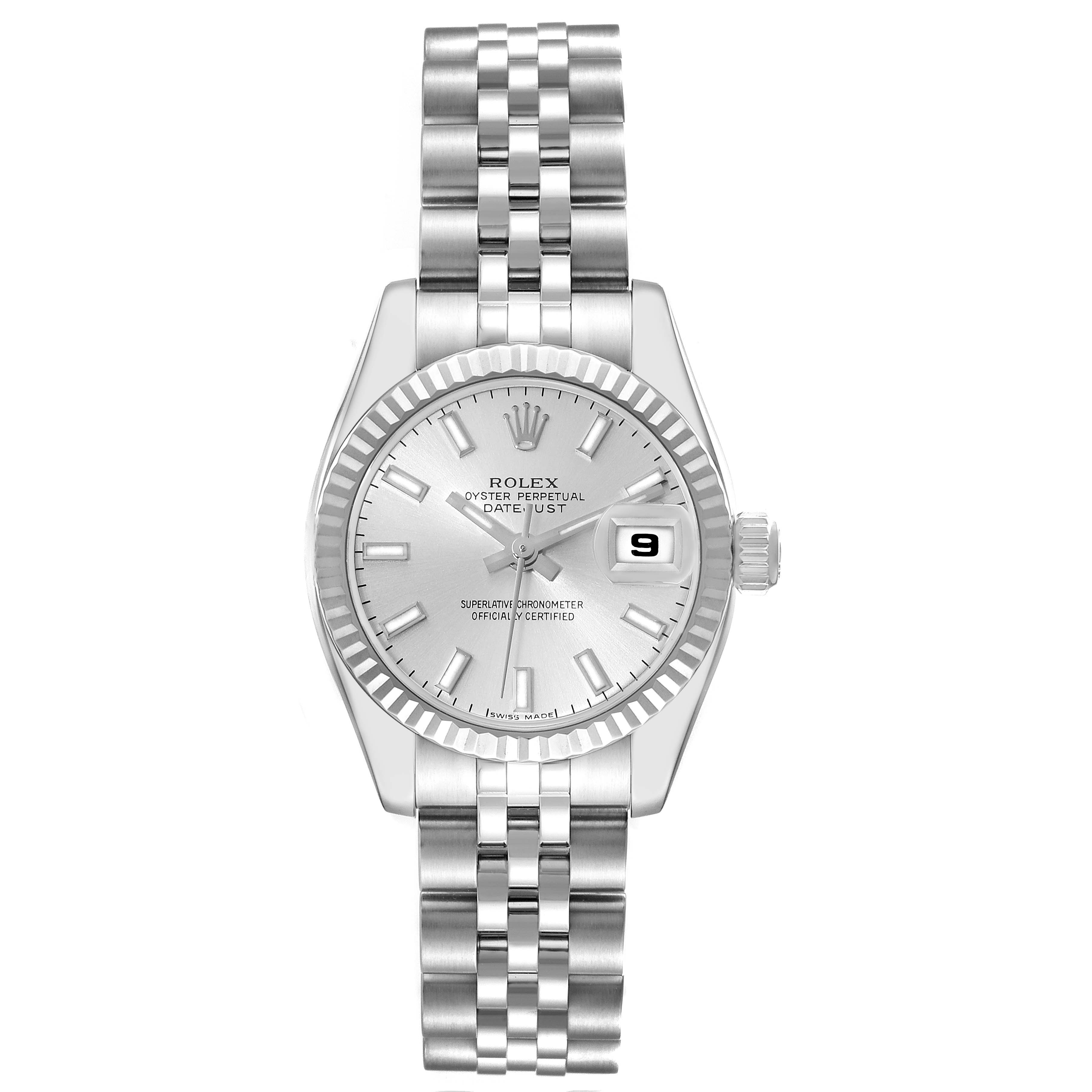 This is a front view of the Rolex Datejust 179174 Women's Stainless Steel Silver Dial 179174 Women's Stainless Steel Silver Dial watch, showing the face, hands, date window, bezel, and bracelet.