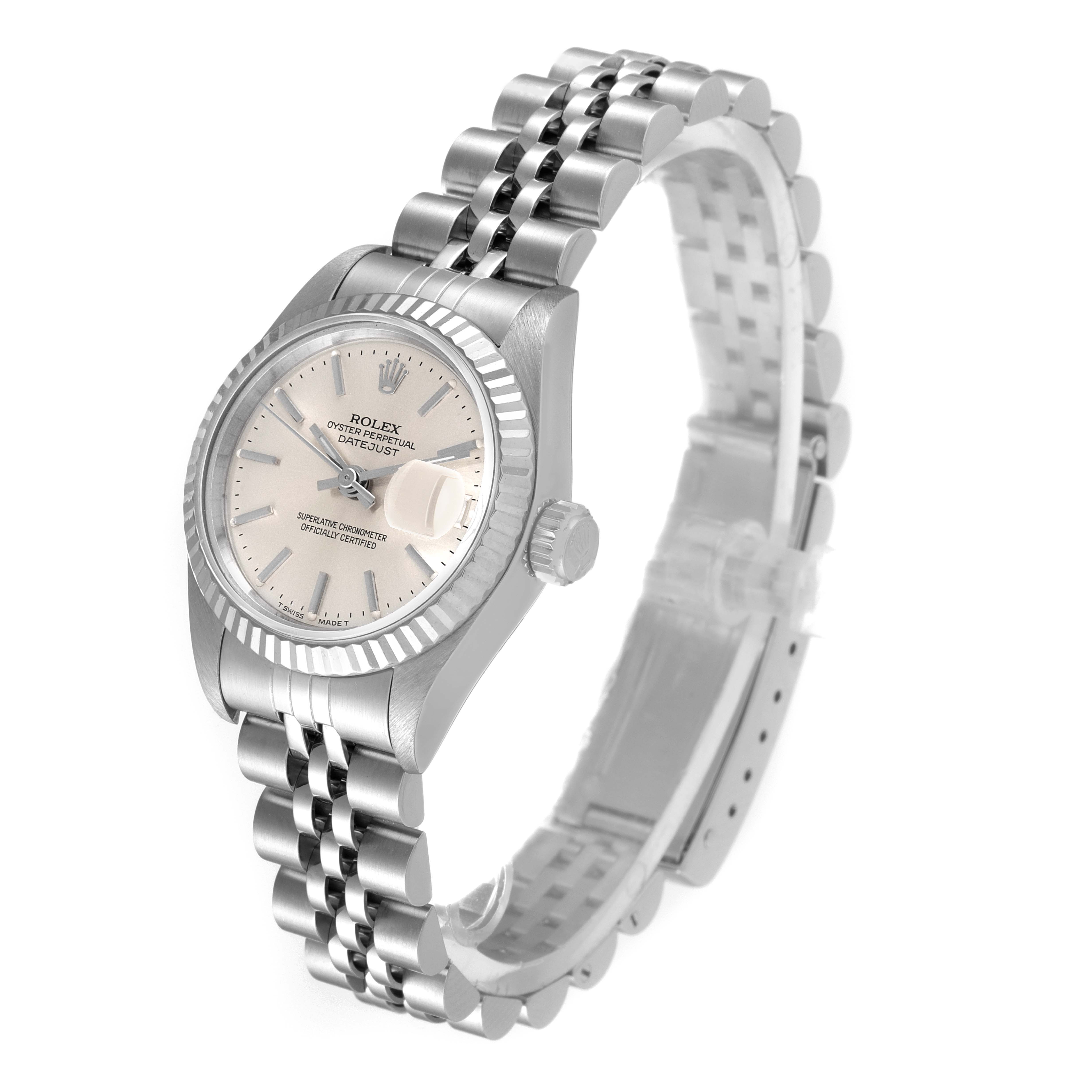 The Rolex Datejust 69174 Women
s Stainless Steel Silver Dial 69174 Women
s Stainless Steel Silver Dial watch is shown from an angled view, highlighting the face, bezel, crown, and bracelet.