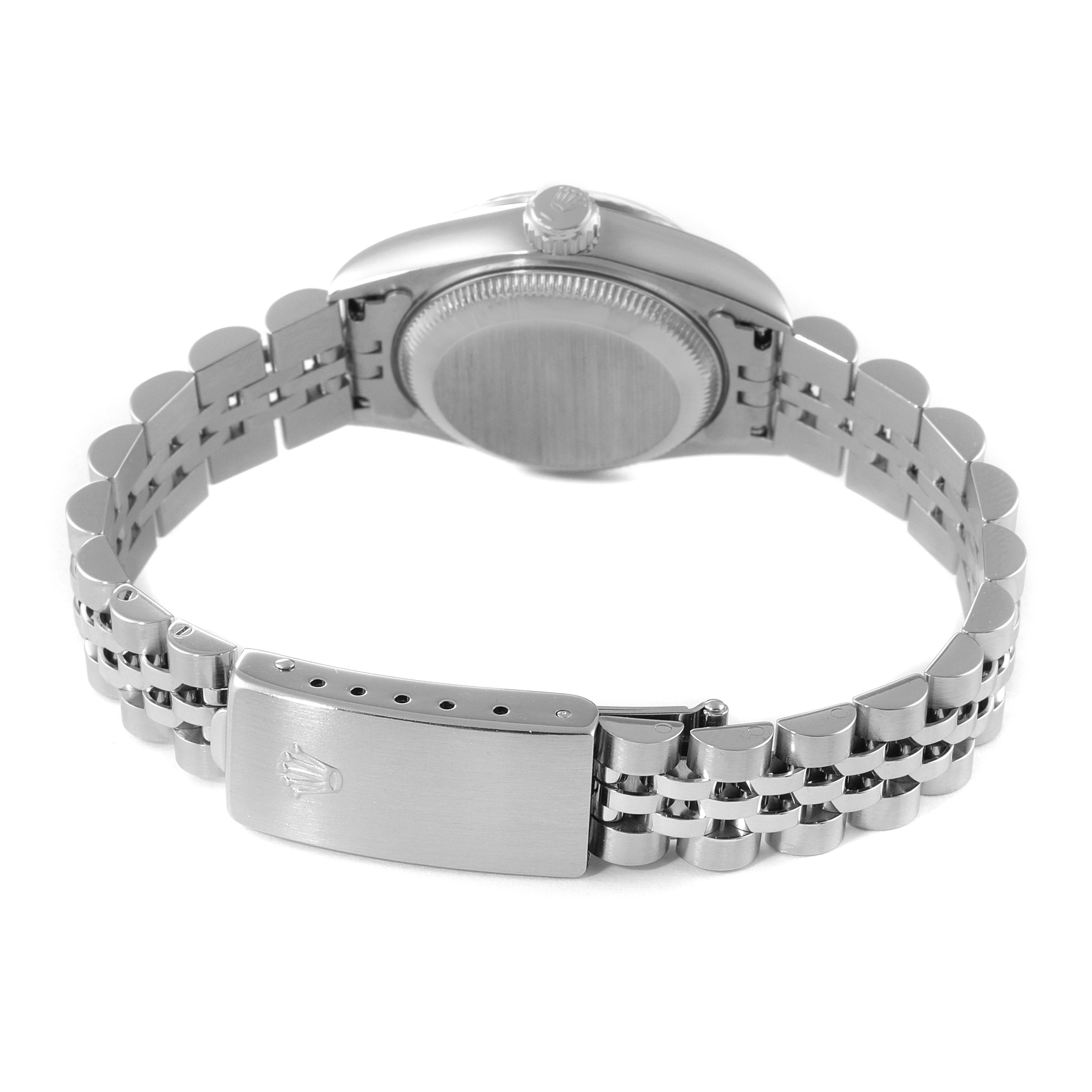 The image shows the back of a Rolex Datejust 69174 Women
s Stainless Steel Silver Dial 69174 Women
s Stainless Steel Silver Dial watch, focusing on the clasp and bracelet.