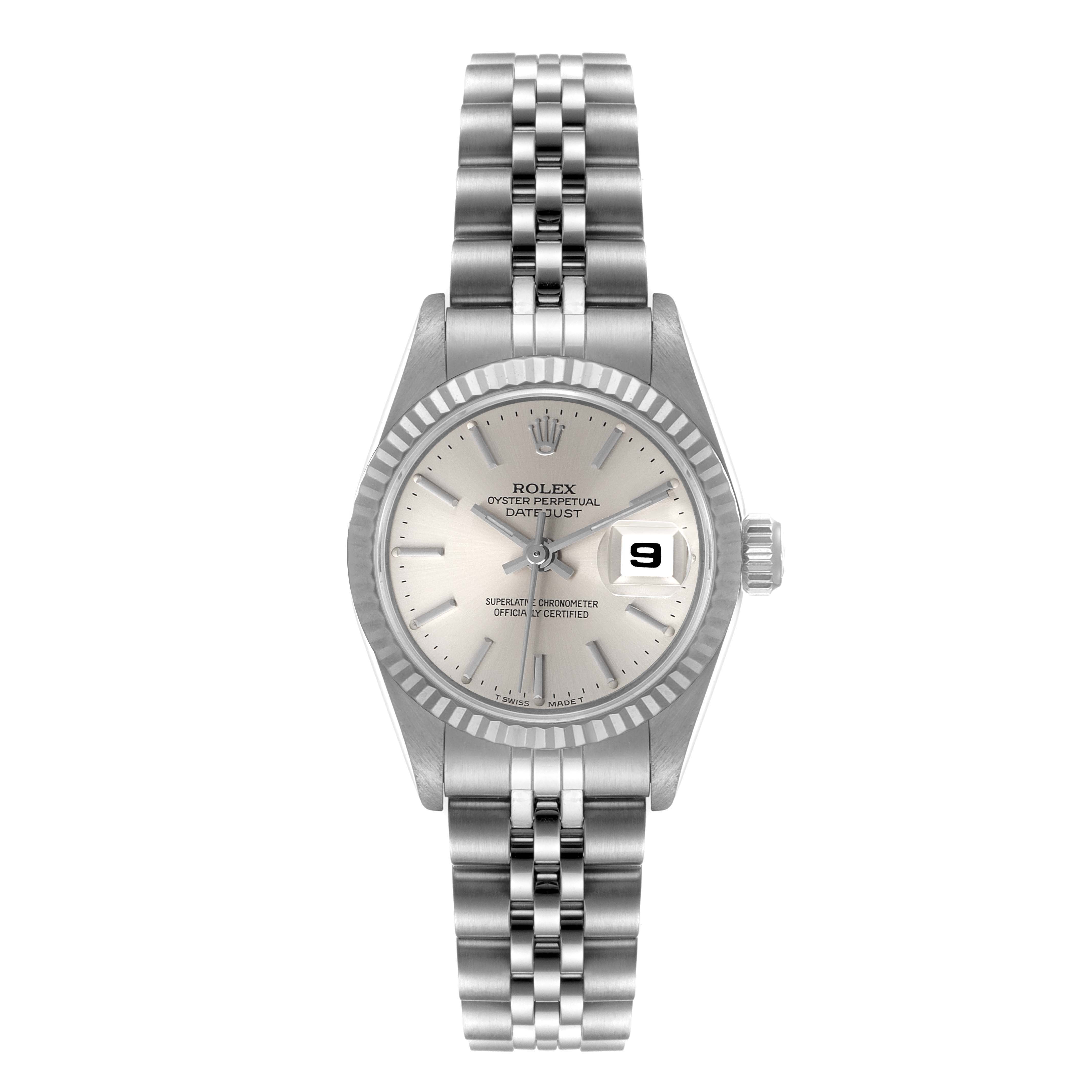 The image shows a front view of a Rolex Datejust 69174 Women
s Stainless Steel Silver Dial 69174 Women
s Stainless Steel Silver Dial watch, highlighting its face, bezel, and bracelet.
