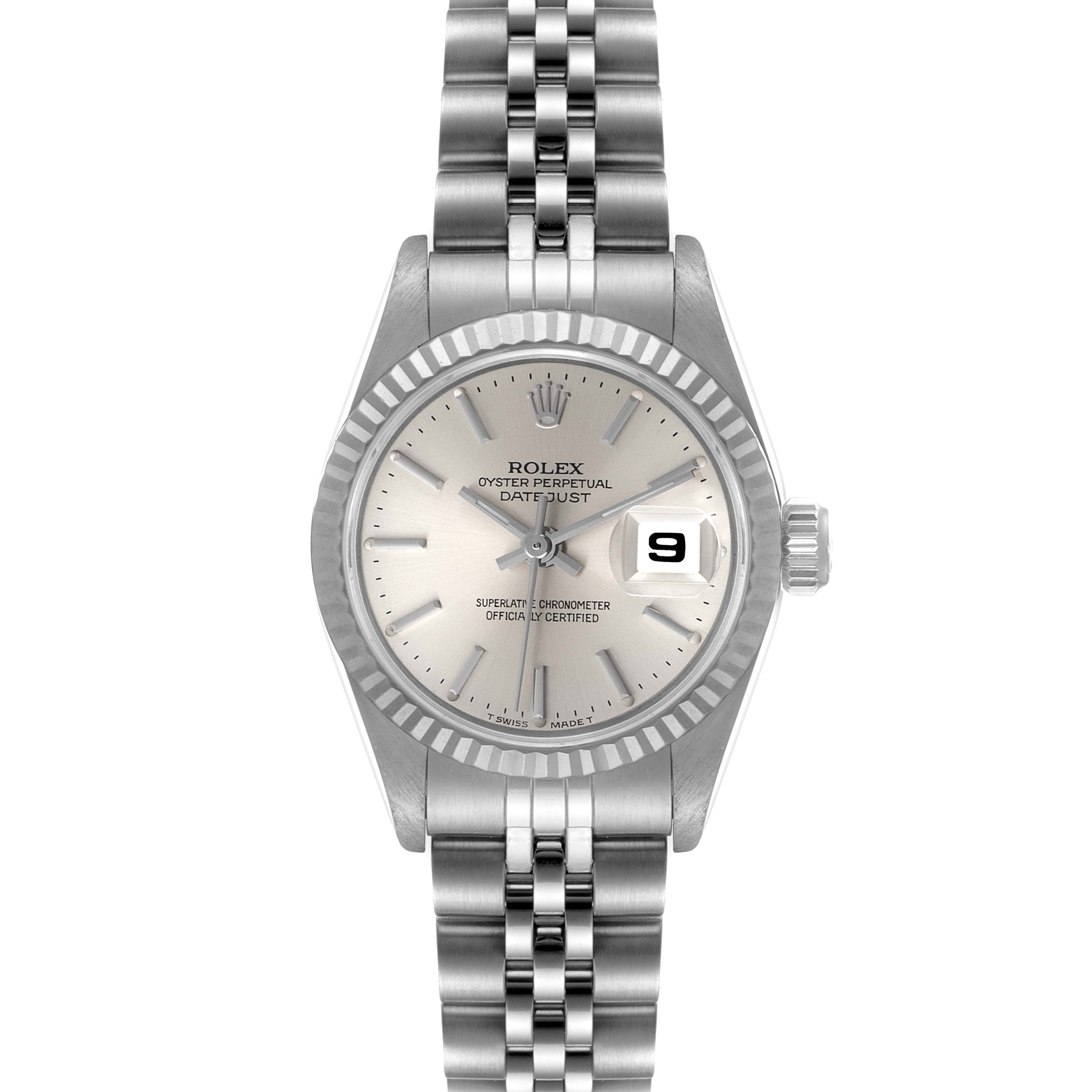 This image shows a front view of a Rolex Datejust 69174 Women
s Stainless Steel Silver Dial 69174 Women
s Stainless Steel Silver Dial model, highlighting the dial, bracelet, and bezel.