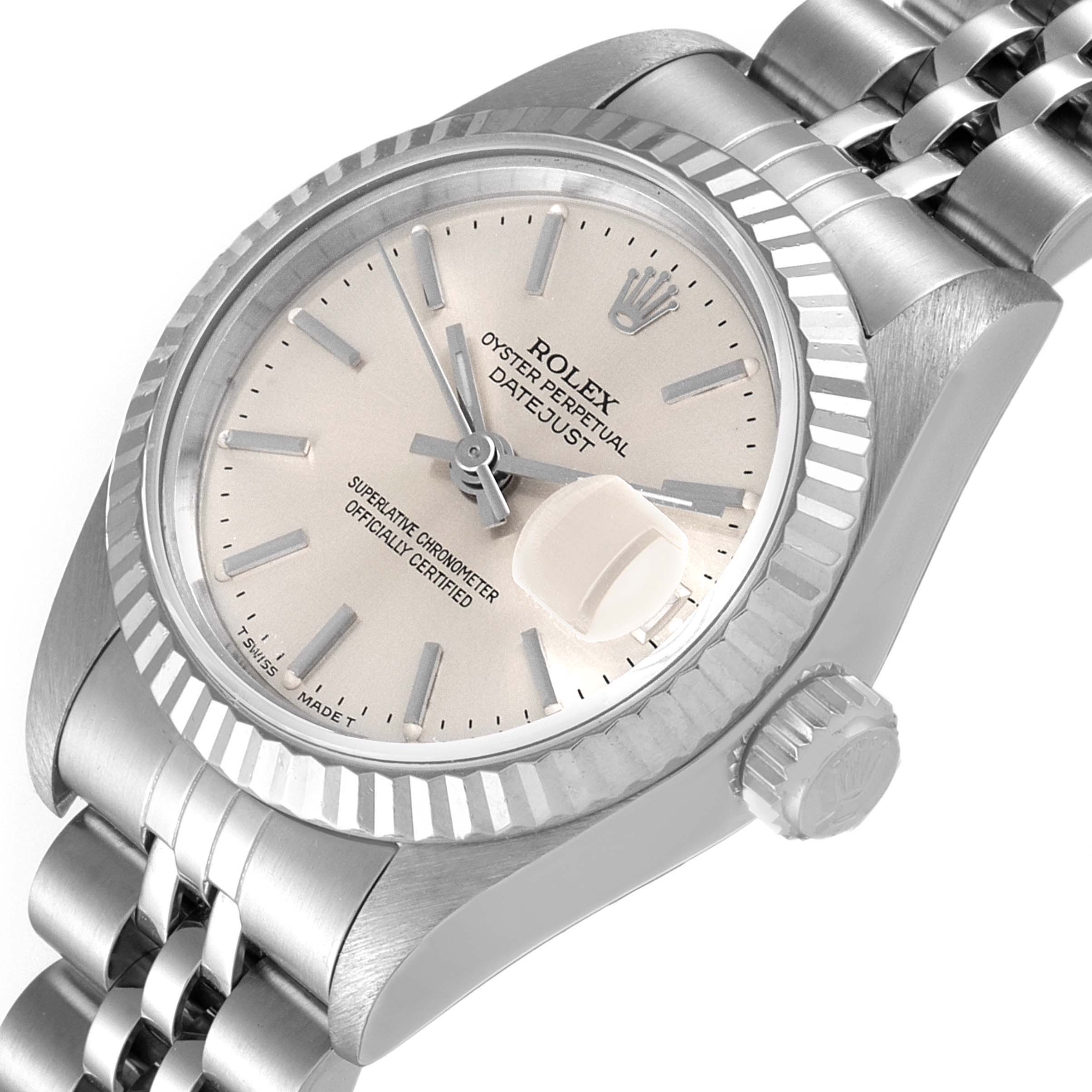 The image shows a Rolex Datejust 69174 Women
s Stainless Steel Silver Dial 69174 Women
s Stainless Steel Silver Dial watch at an angled close-up, highlighting the dial, bezel, crown, and part of the bracelet.