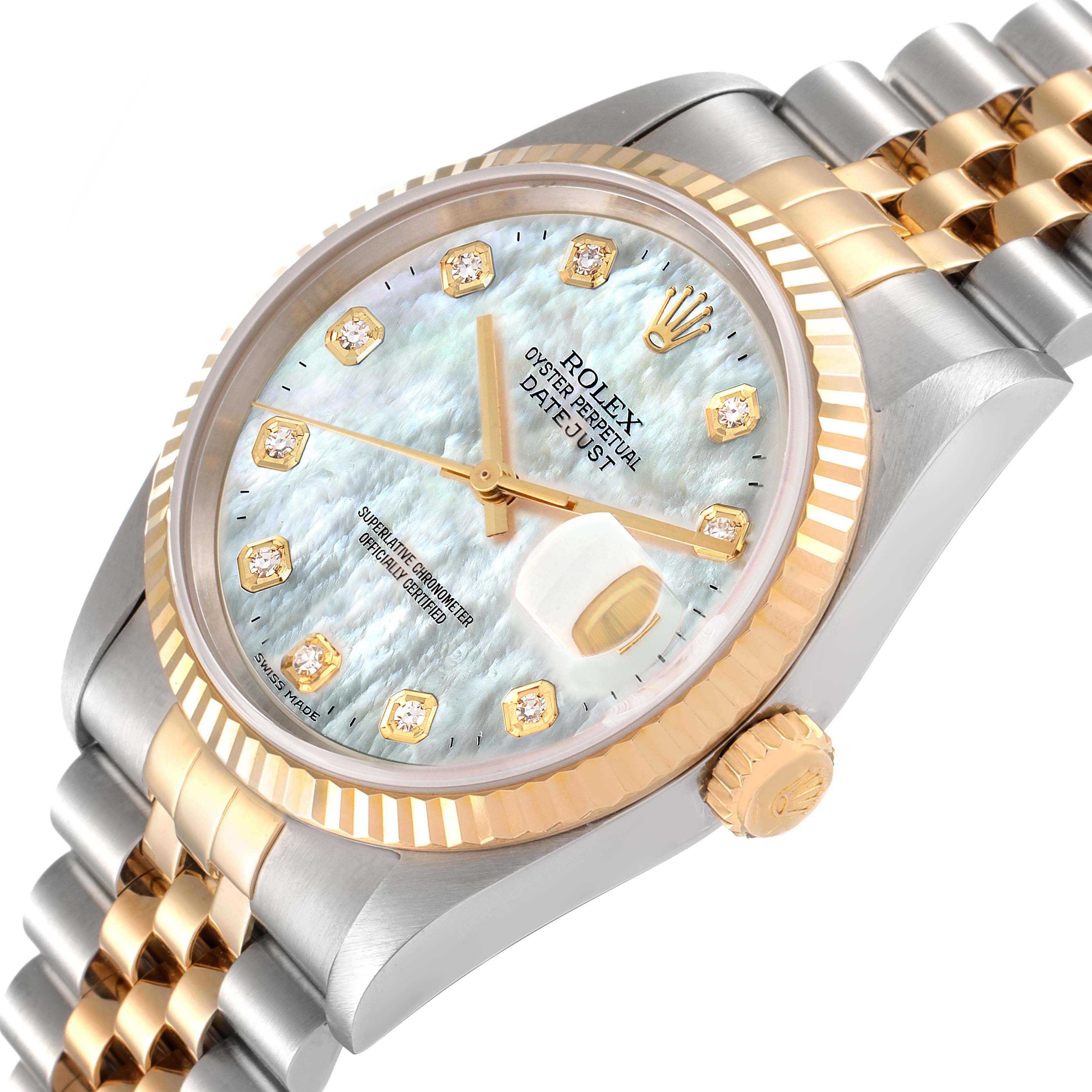 This Rolex Datejust 16233 Men's Steel and Gold (two tone) Mother of Pearl Dial 16233 Men's Steel and Gold (two tone) Mother of Pearl Dial watch is shown at a three-quarter view highlighting the face, crown, bezel, and part of the bracelet.