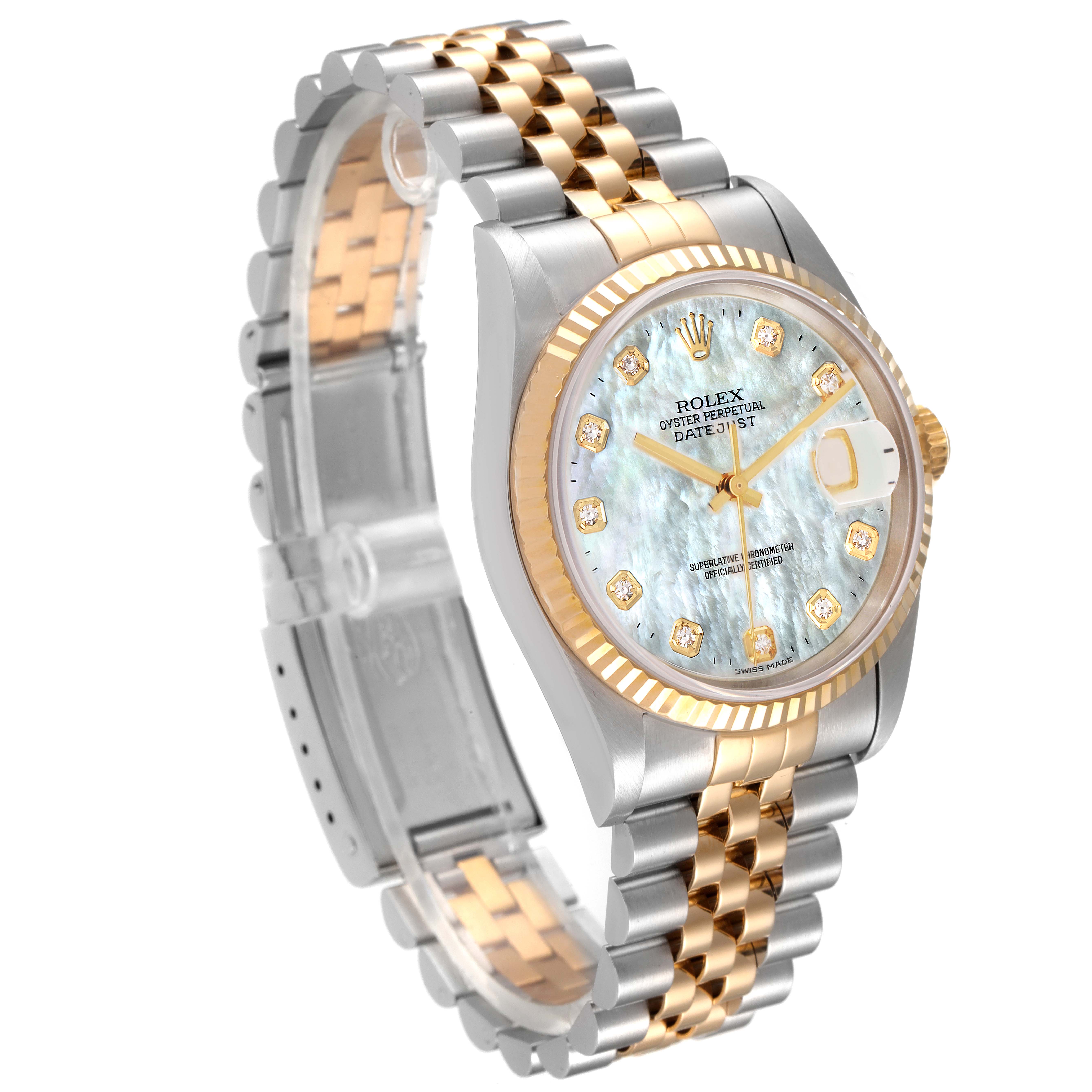 The image shows a Rolex Datejust 16233 Men's Steel and Gold (two tone) Mother of Pearl Dial 16233 Men's Steel and Gold (two tone) Mother of Pearl Dial watch at an angled view highlighting its face, two-tone band, and fluted bezel.